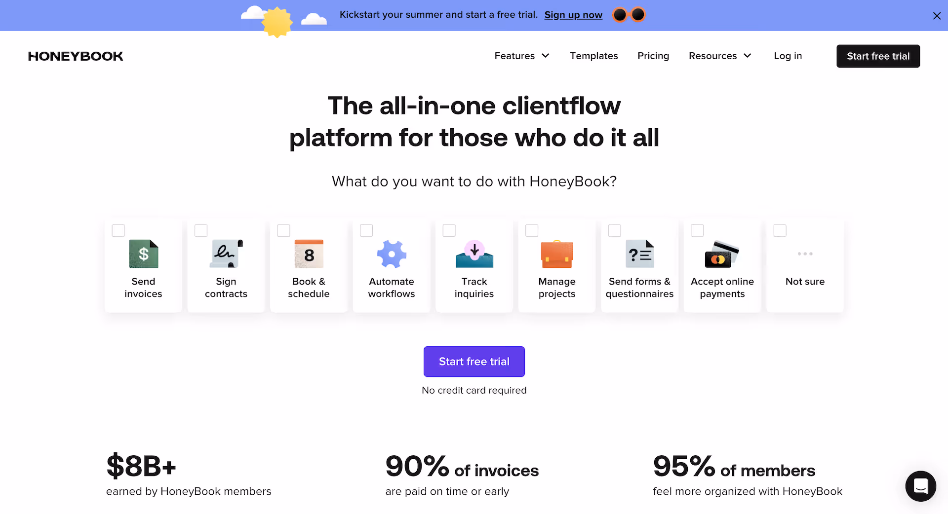 Screenshot of HoneyBook's homepage