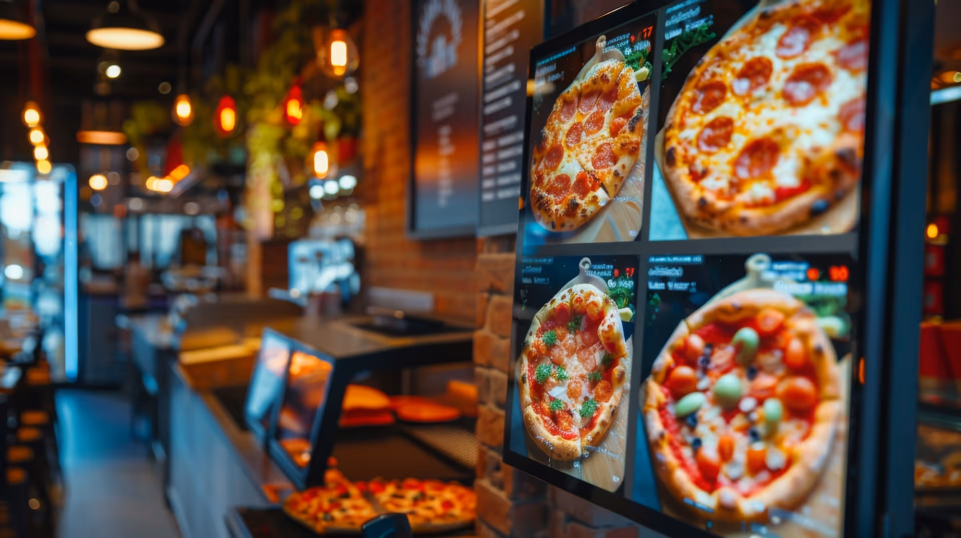 digital menu board in restaurant showing various pizzas