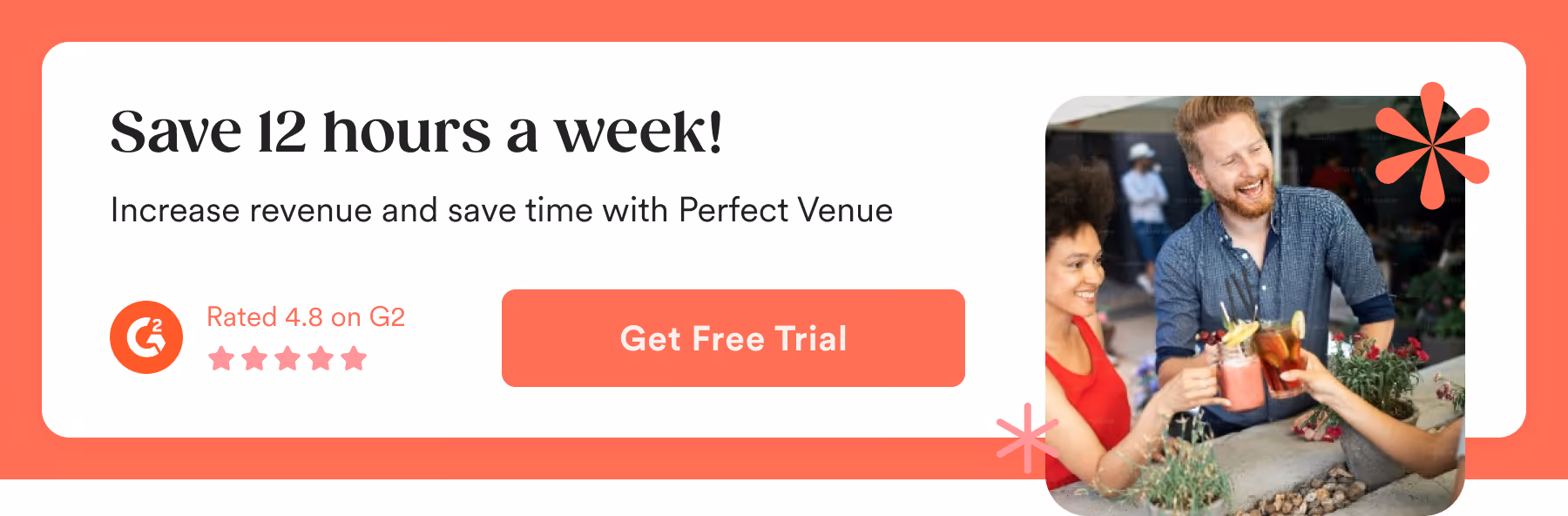 Infographic advertizing Perfect Venue with an image of three friends at a bar