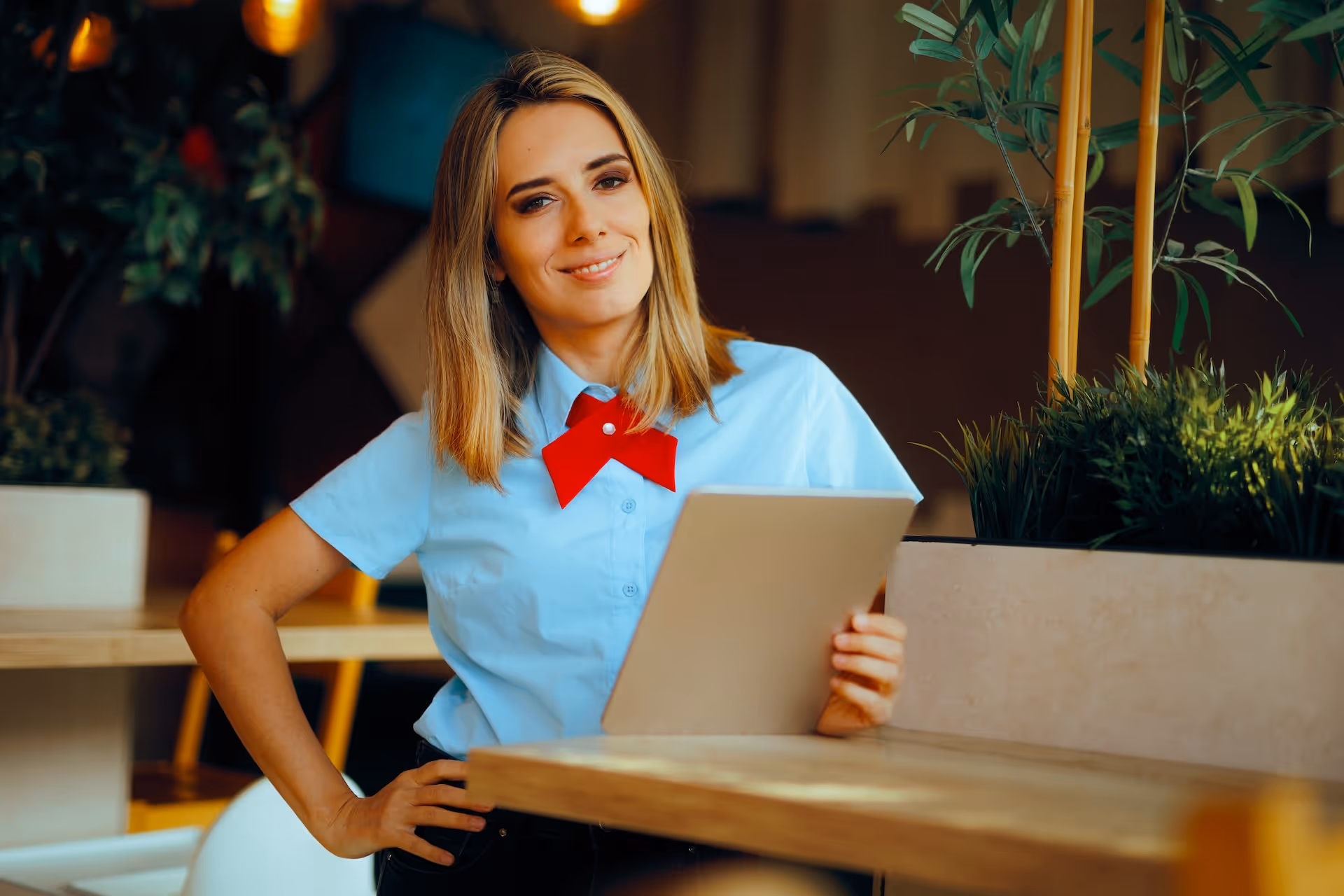 Quick Service Restaurant Manager Holding a Pc Tablet