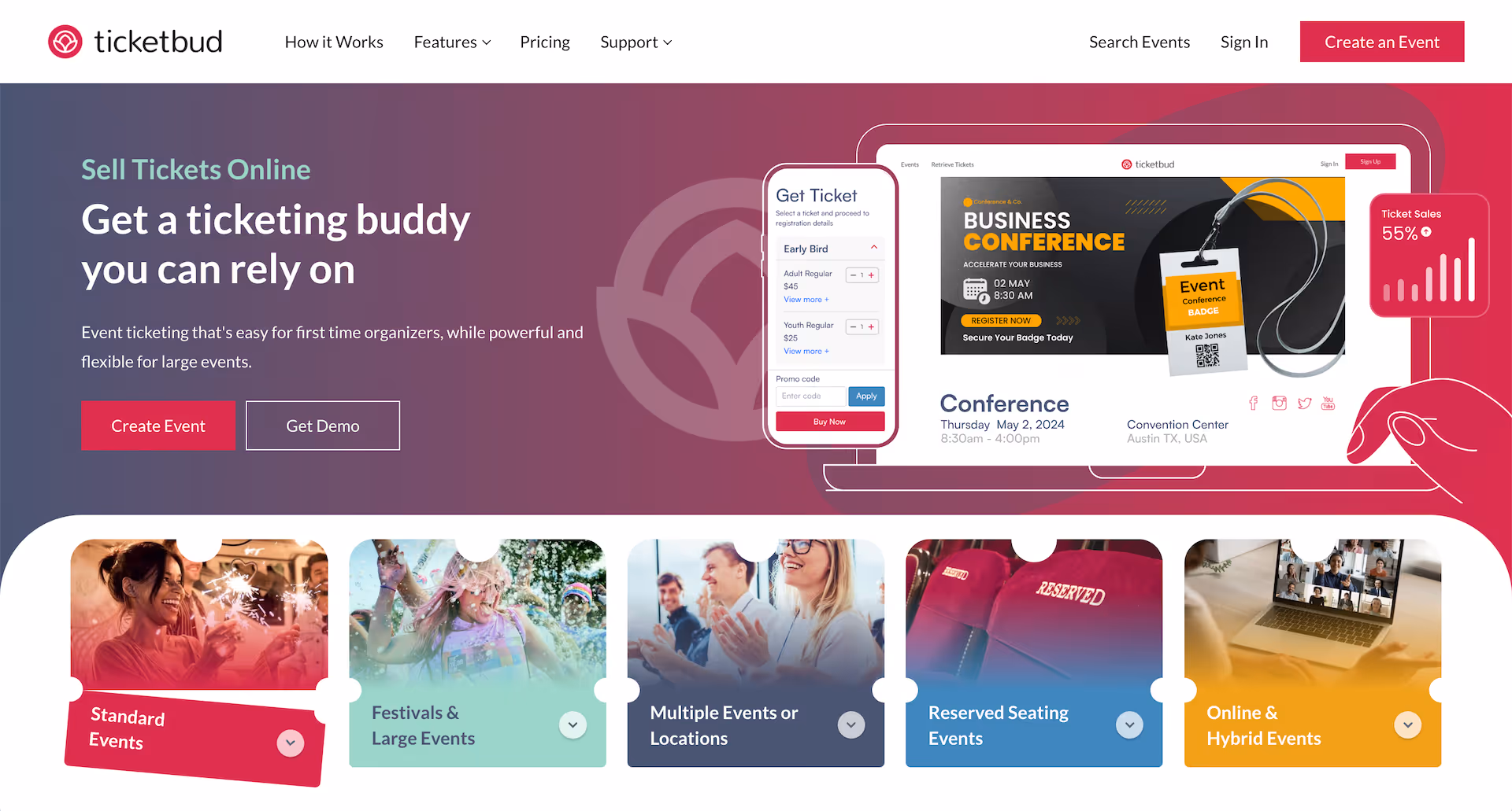 Screenshot of Ticketbud's website homeage
