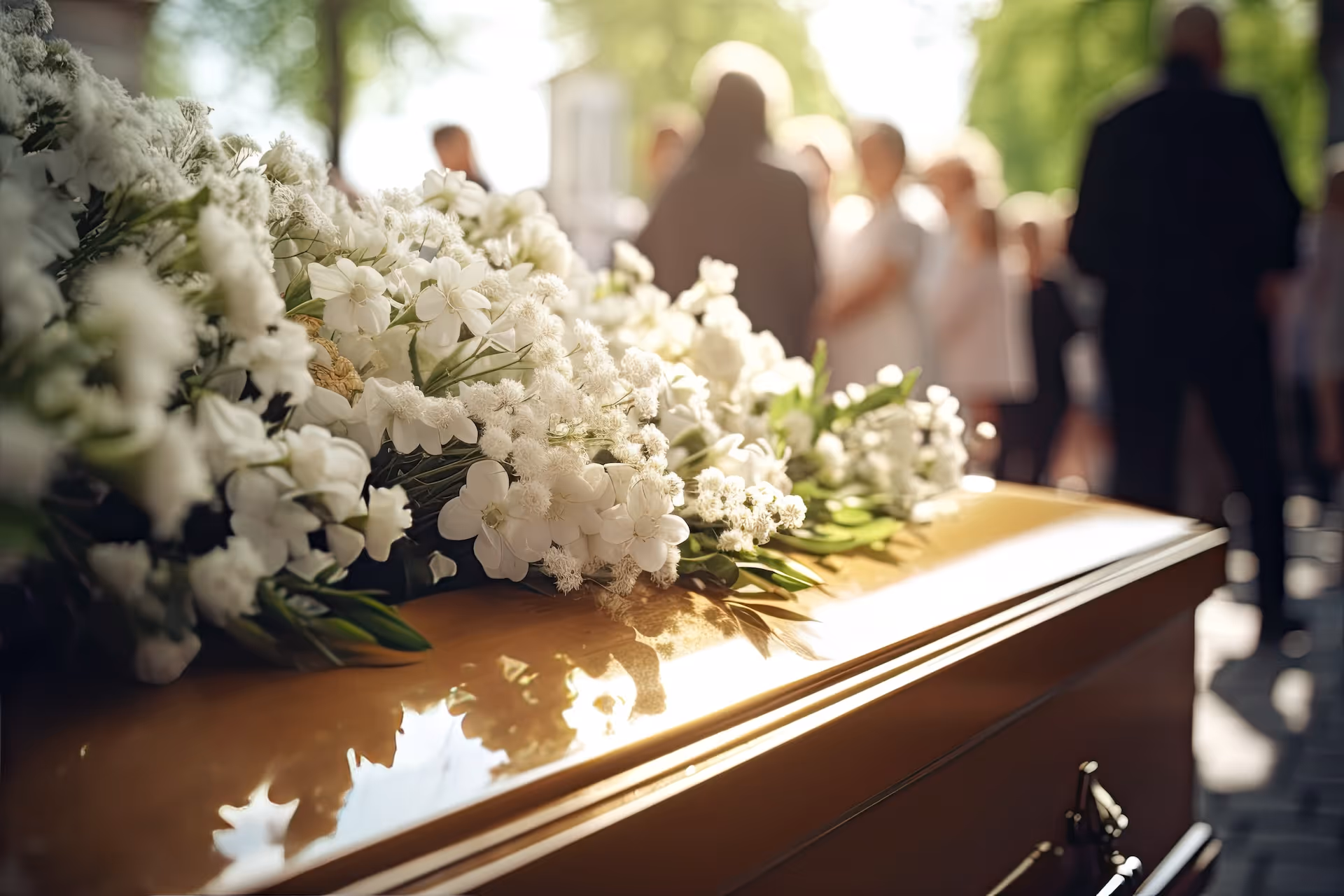 A reverent celebration of life scene, the coffin is decorated with flowers
