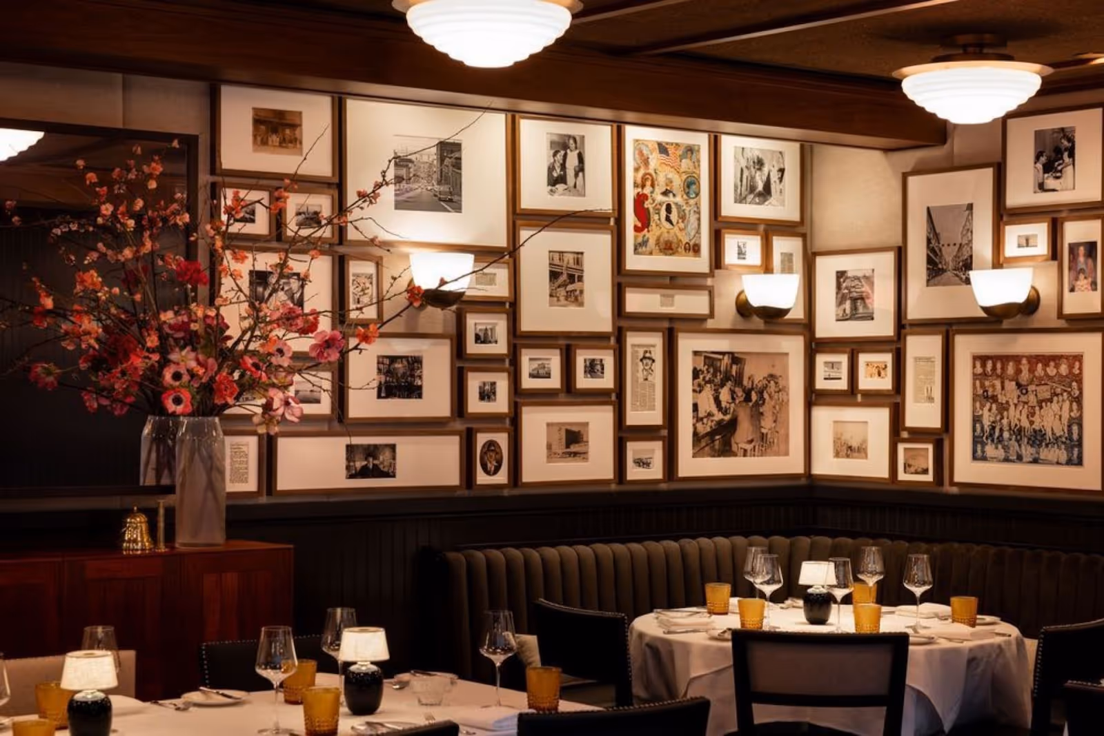view of interior corner booth and photo frames on the wall of Izzy's restaurant, SF