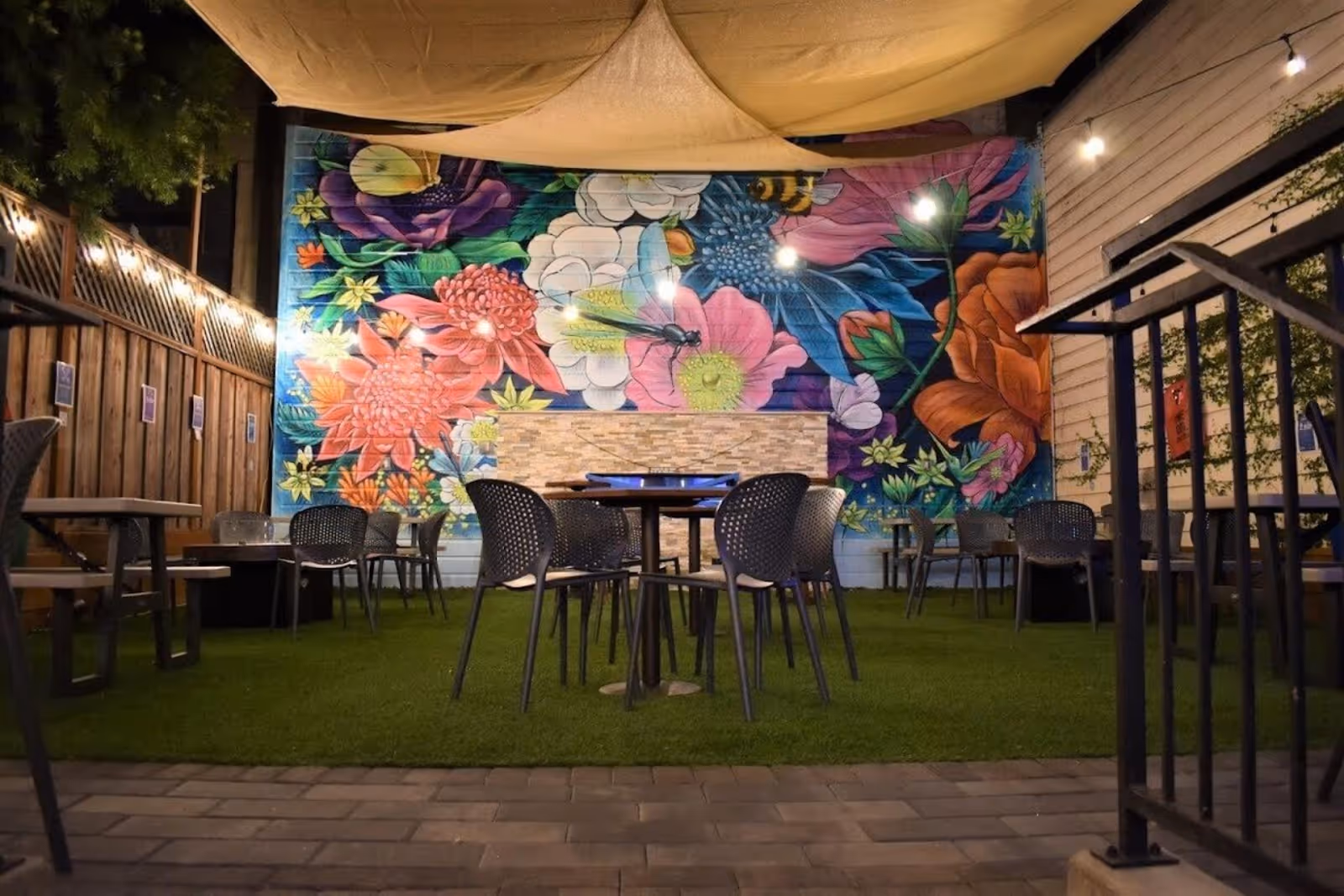 interior seating and mural at Campus restaurant, SF