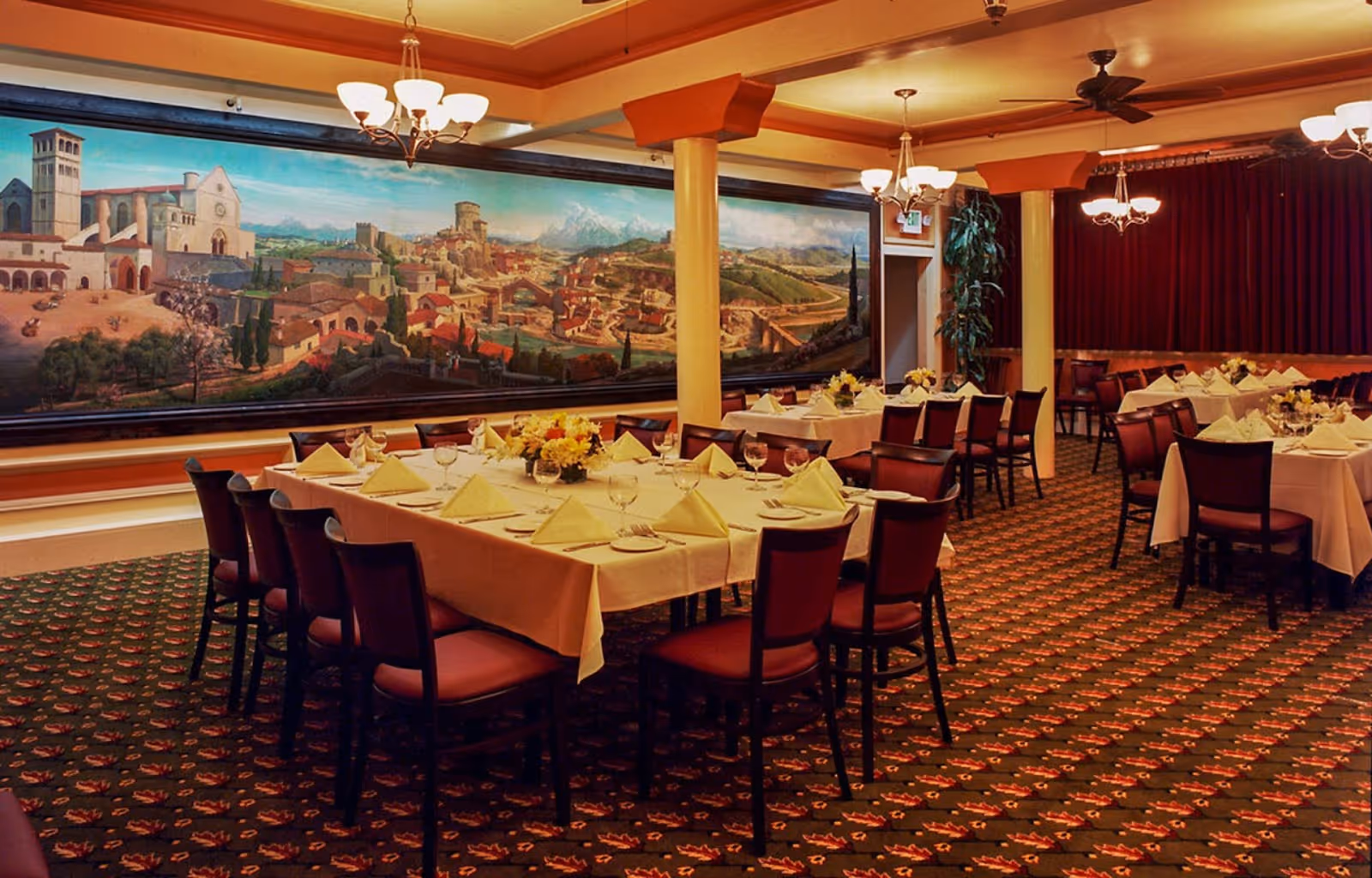 cozy interior view of dining table in Fior d'Italia restaurant in North Beach, San Francisco