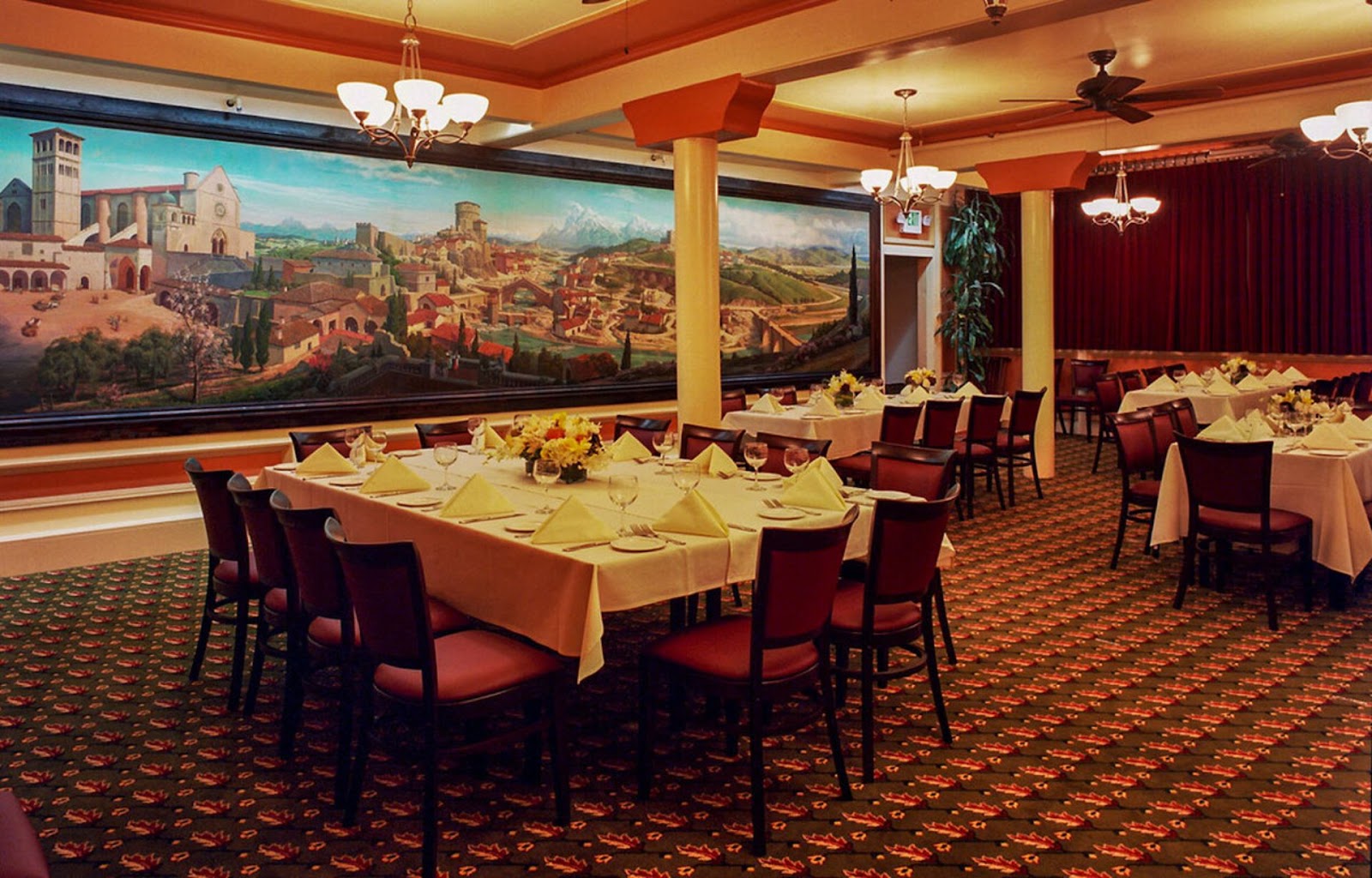 cozy interior view of dining table in Fior d'Italia restaurant in North Beach, San Francisco