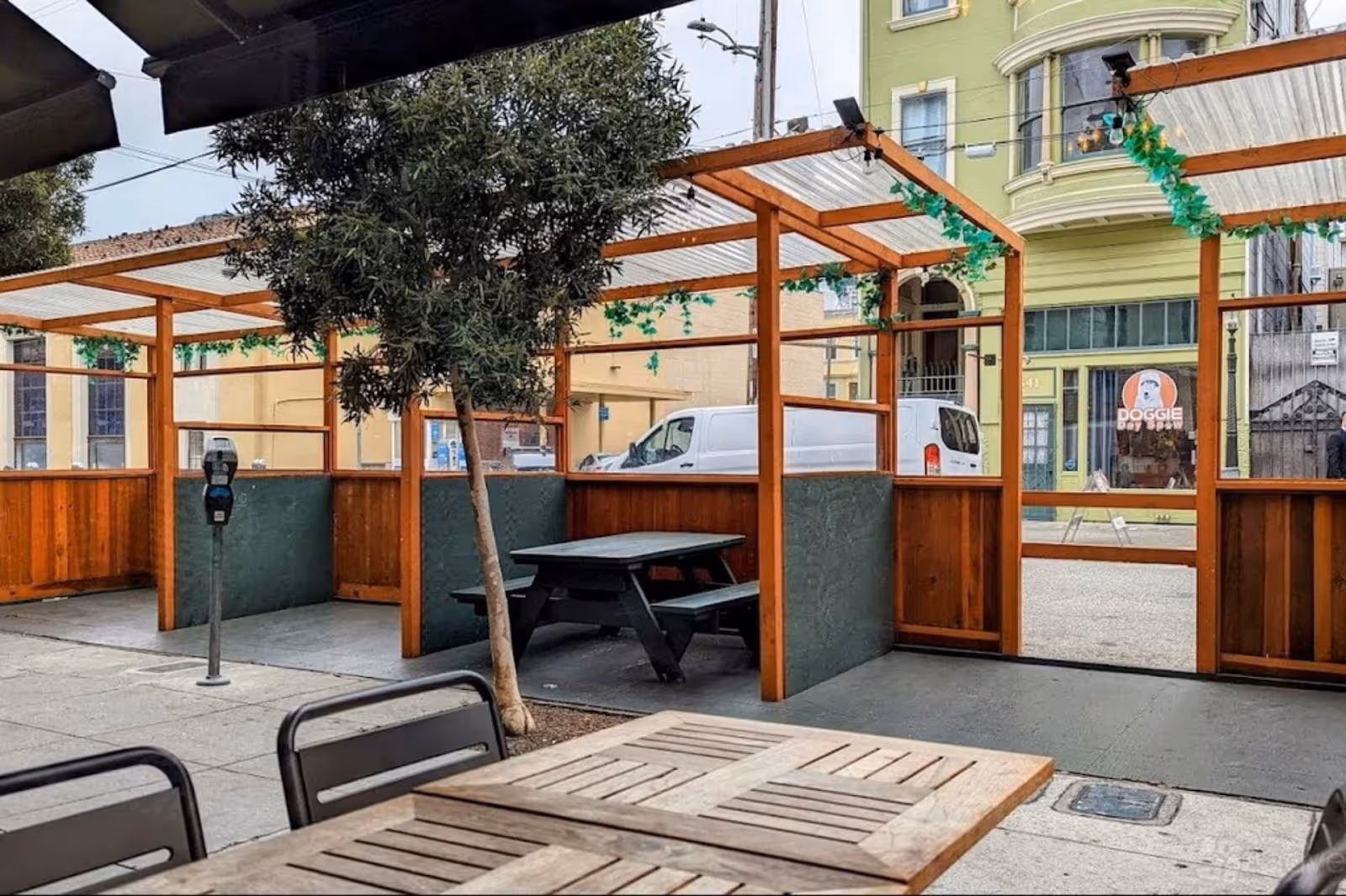 interior view of seating at Chief Sullivan's restaurant SF out to the street