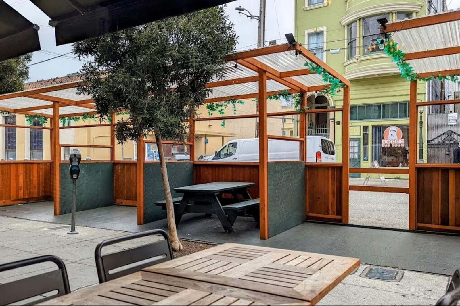 interior view of seating at Chief Sullivan's restaurant SF out to the street