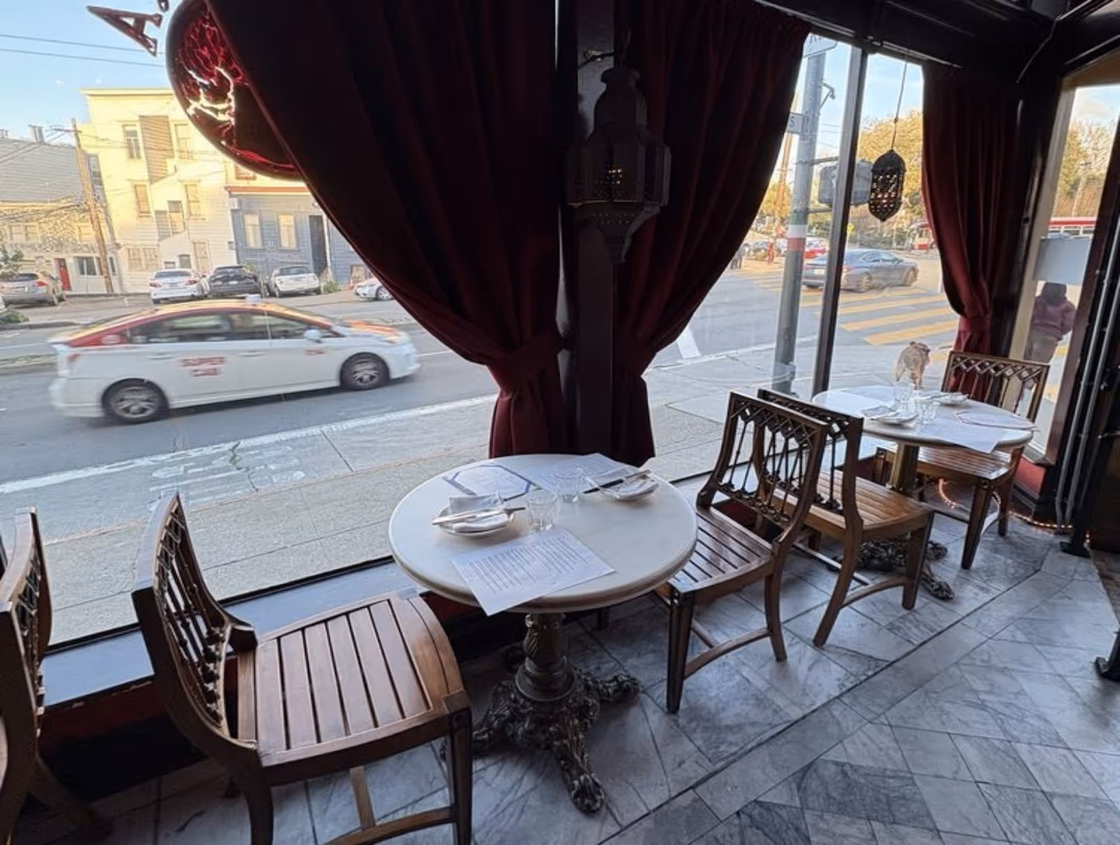 view of Da Flora restaurant out to the street, North Beach San Francisco