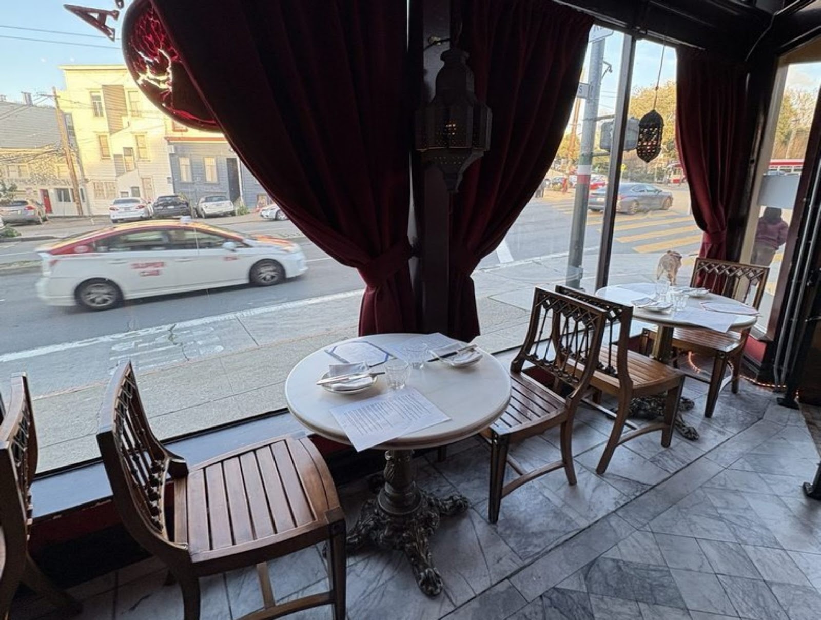 view of Da Flora restaurant out to the street, North Beach San Francisco