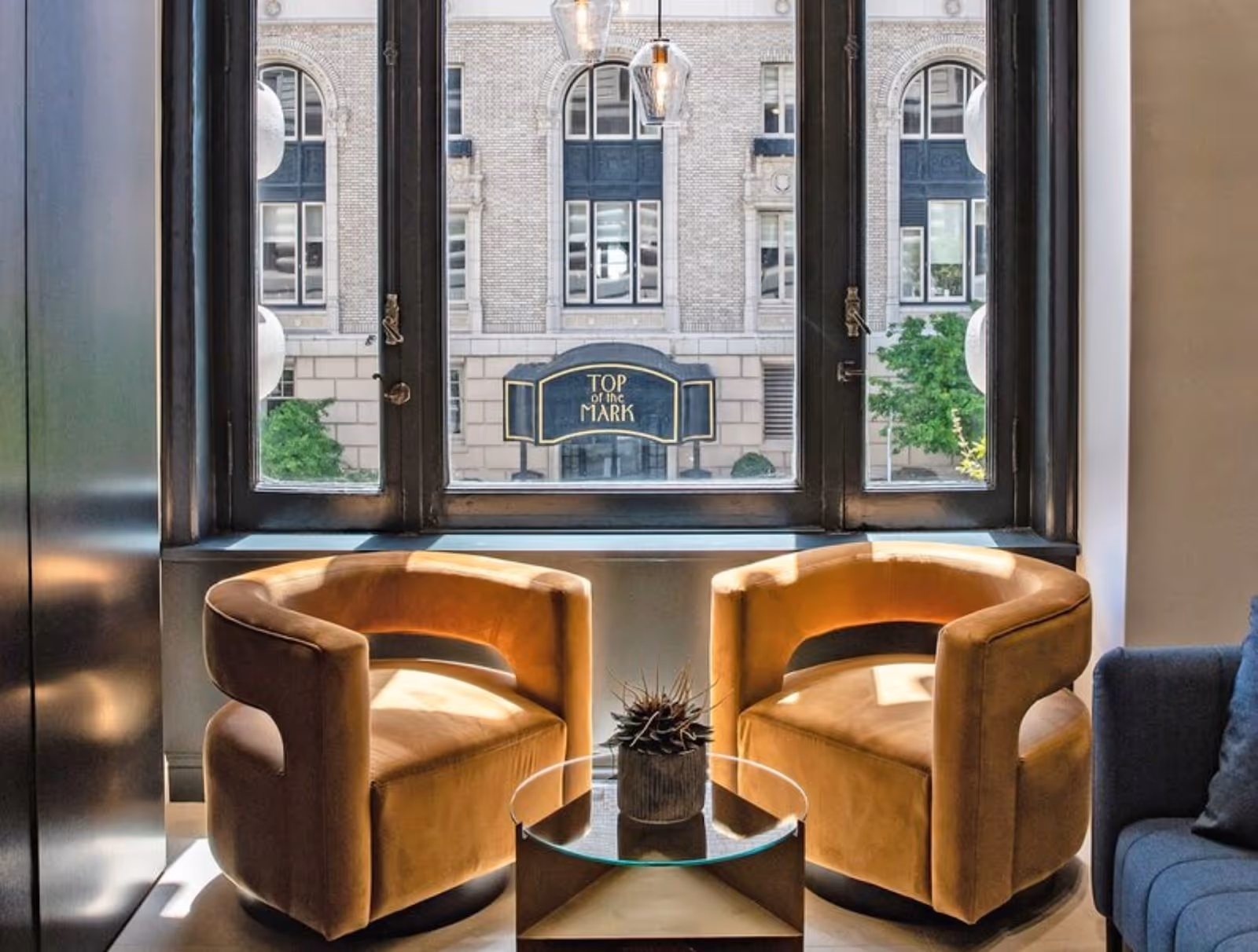 interior of Bin 415 restaurant with a view out to Top of the Mark restaurant, San Francisco