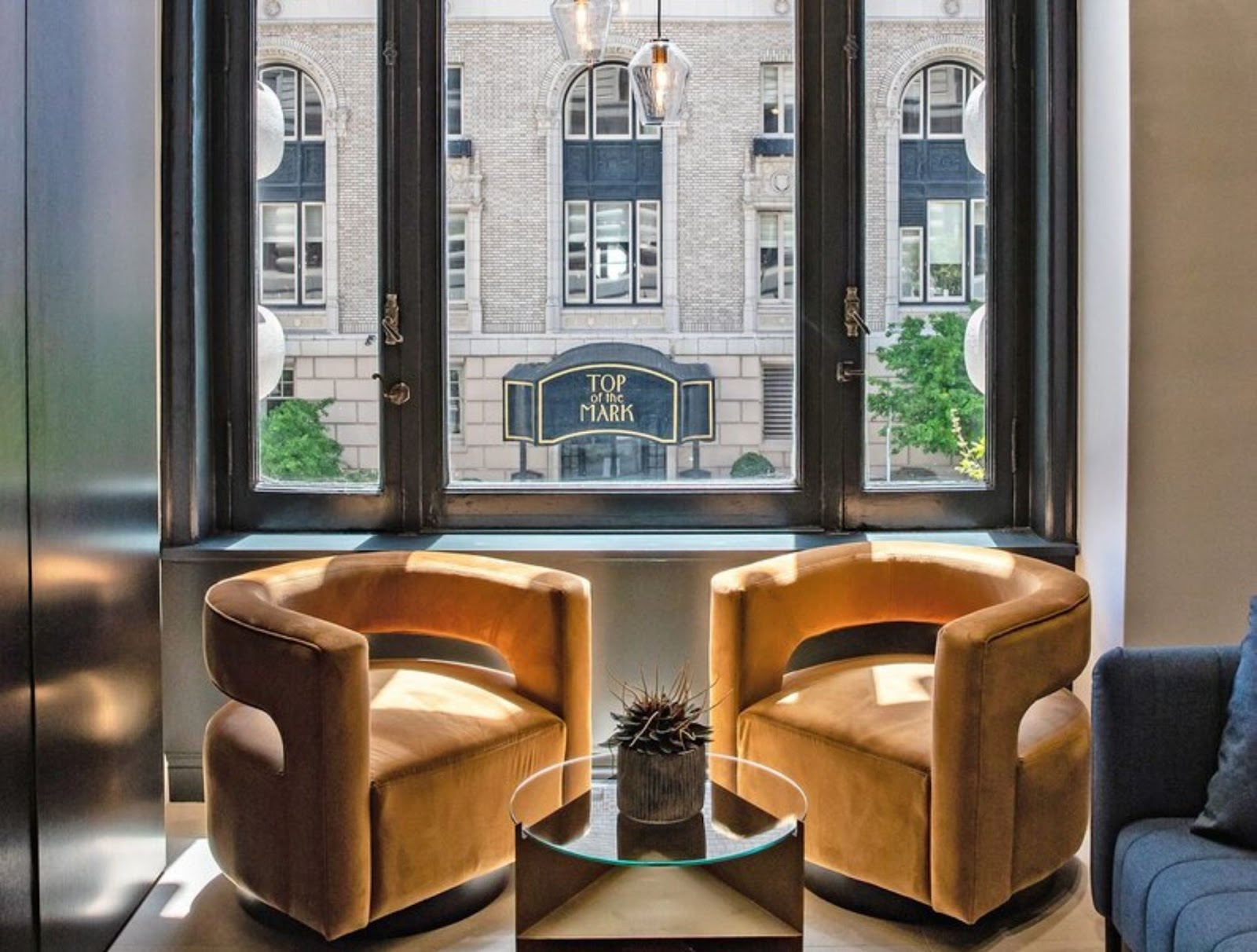 interior of Bin 415 restaurant with a view out to Top of the Mark restaurant, San Francisco