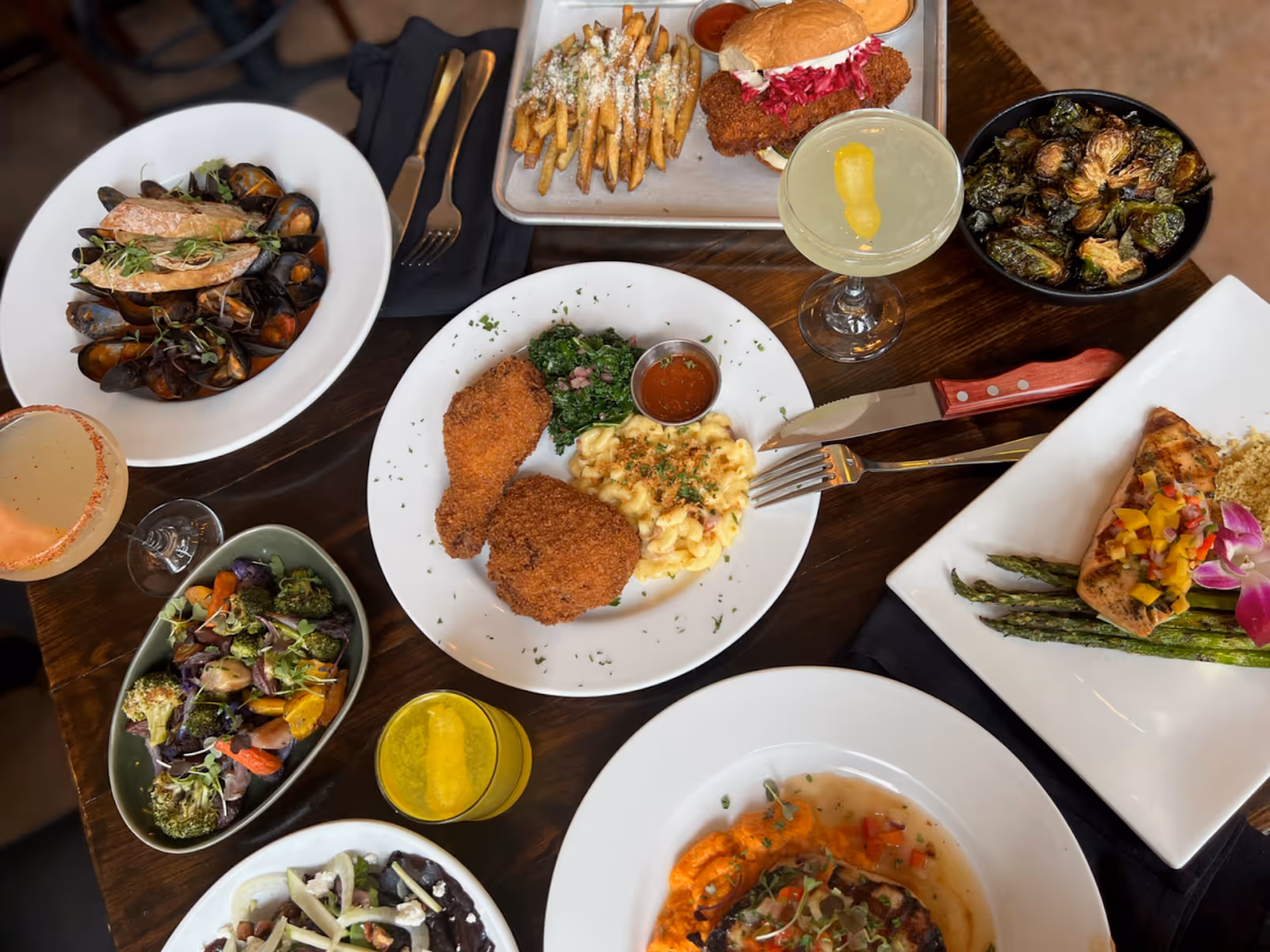 gourmet dinner spread out on a restaurant table