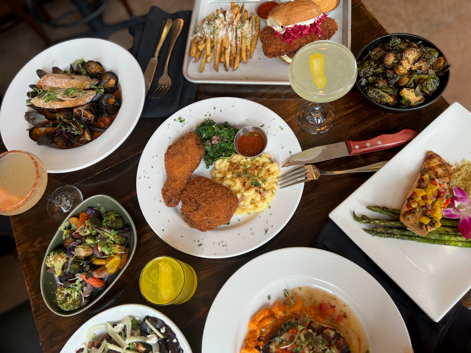 gourmet dinner spread out on a restaurant table