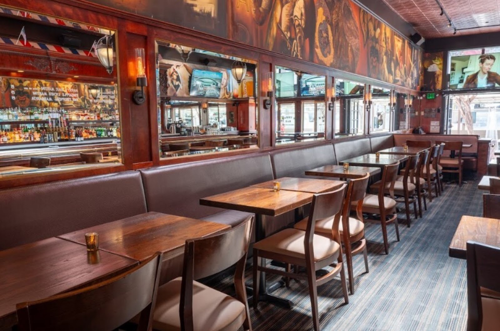 interior seating at Harry's Bar SF, with a reflected view of the bar