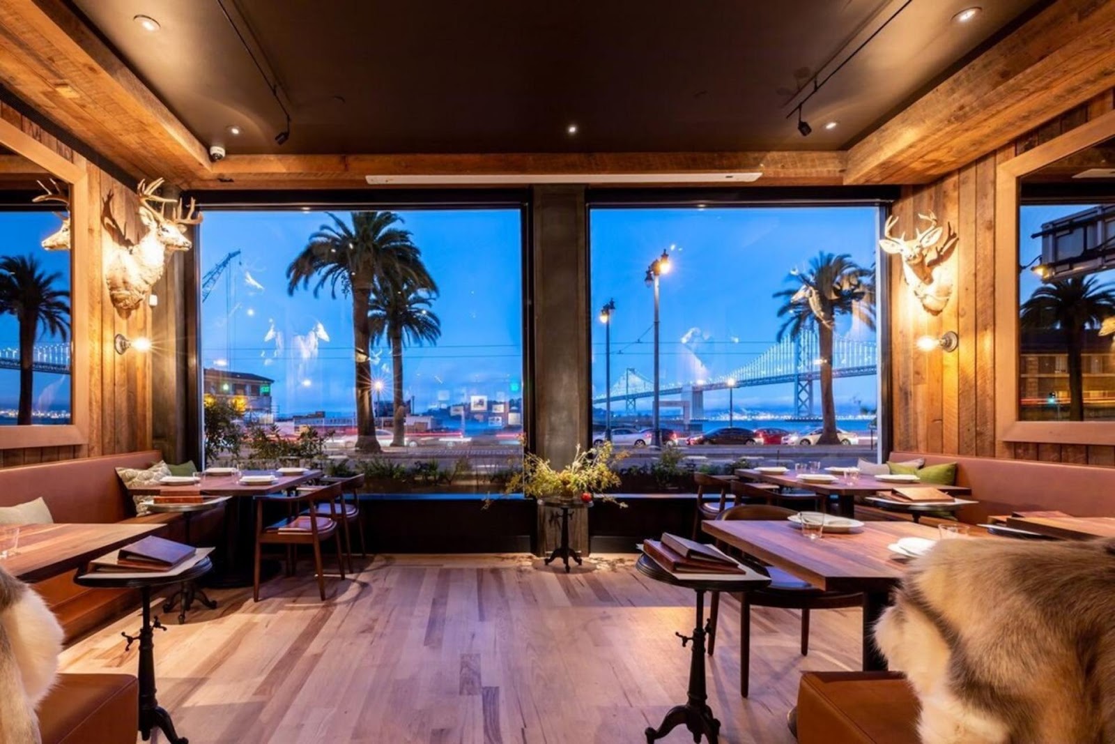 interior view of Angler restaurant, Embarcadero, with a view out to the street