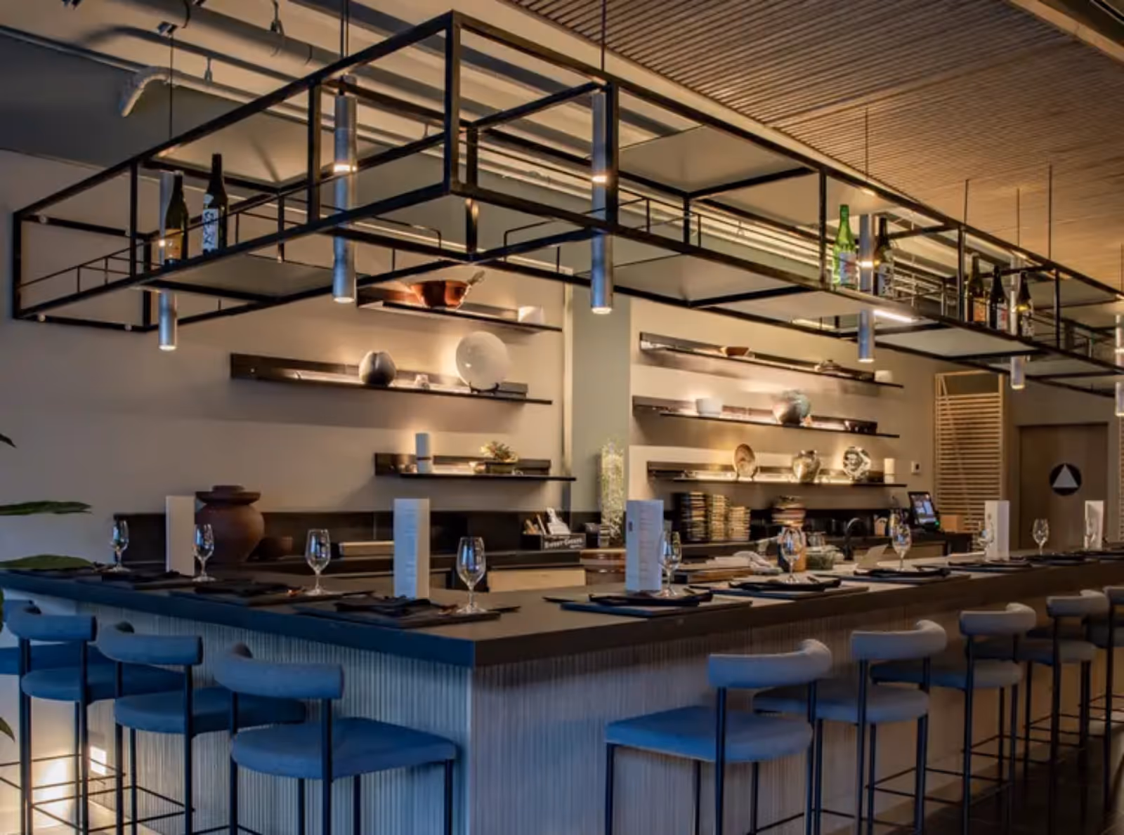 long family-style dining table with chairs at Sushi Sato restaurant, Cathedral Hill SF