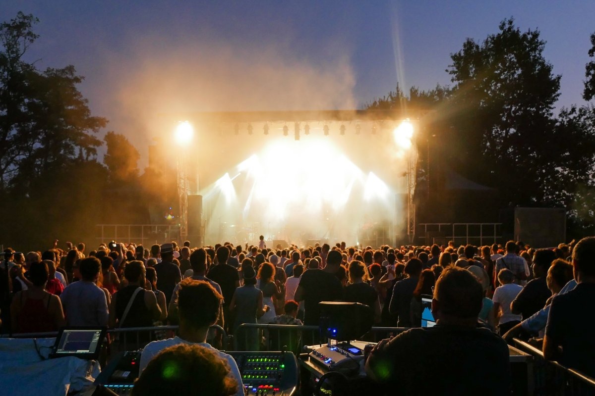 Outdoor concert with crowd facing the stage