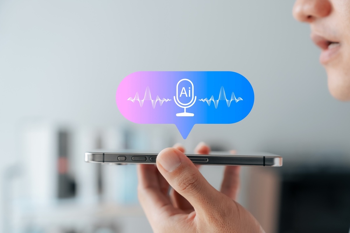 Person speaking into a smartphone with a restaurant AI voice assistant icon