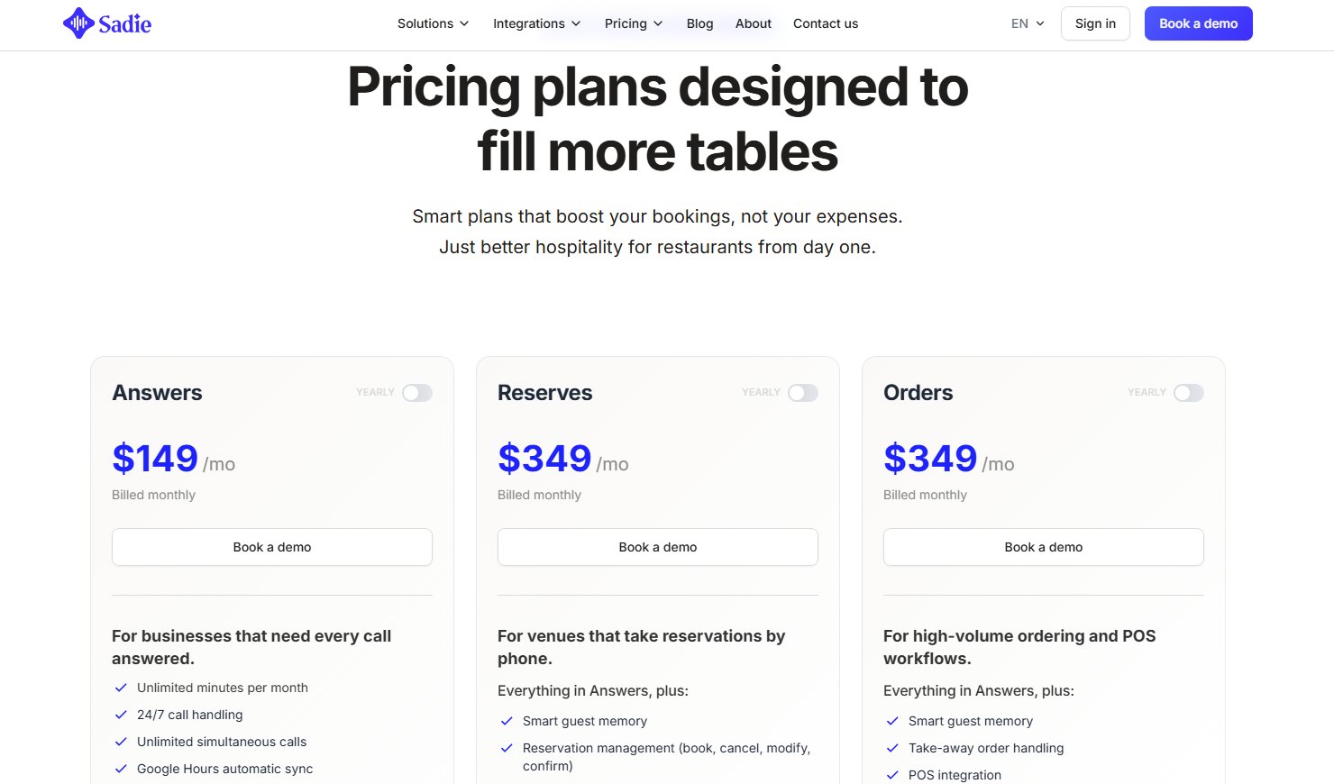 Sadie pricing