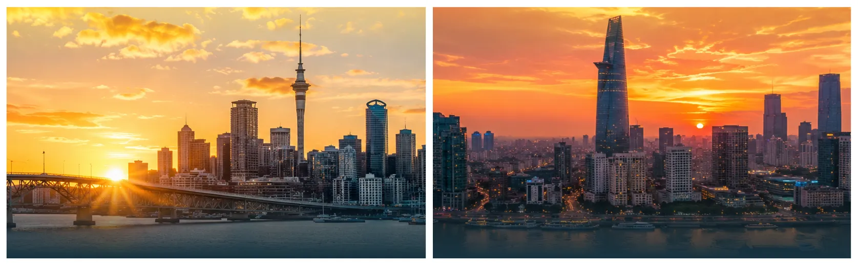 Auckland and Singapore skylines