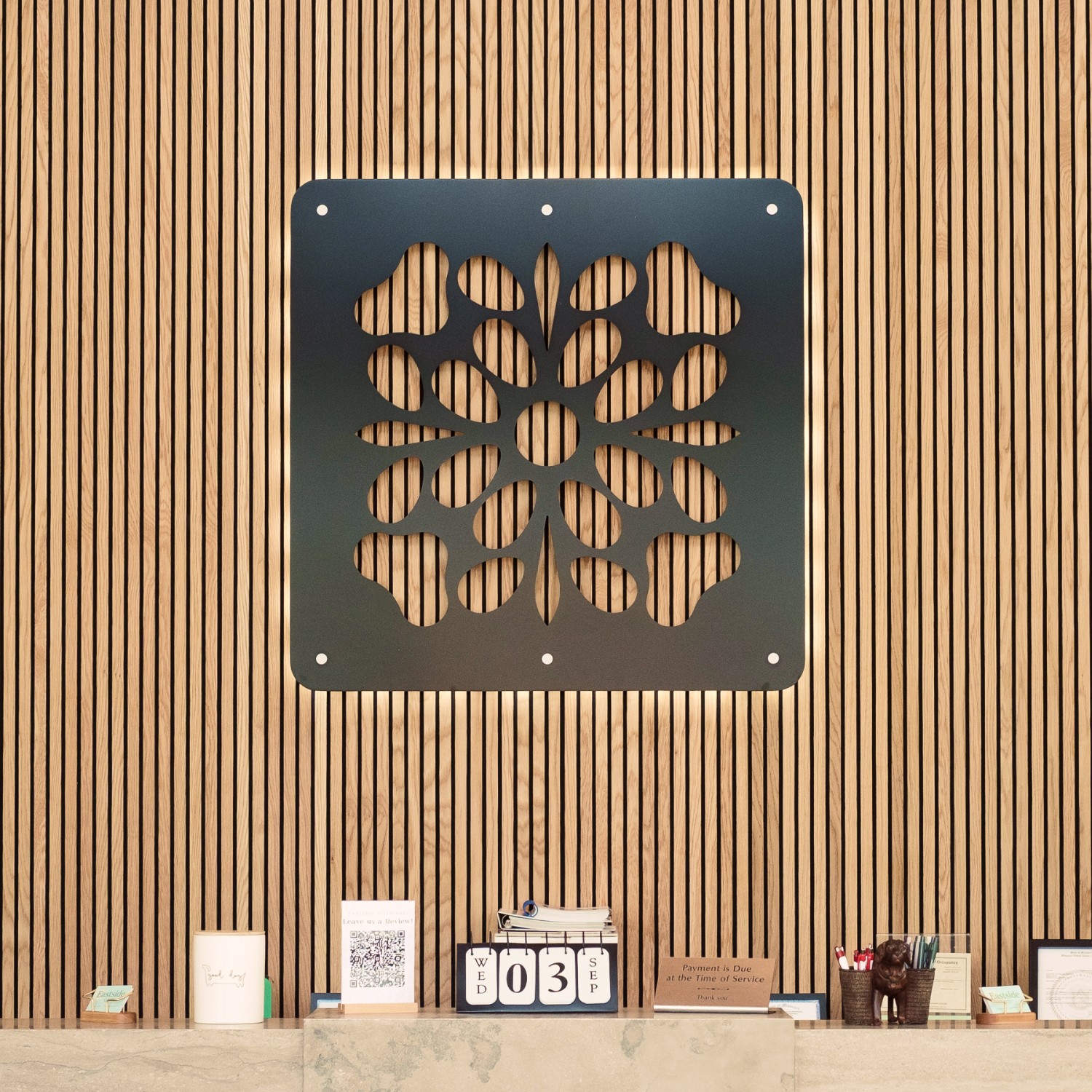 Eastside Veterinary Service logo on interior wall