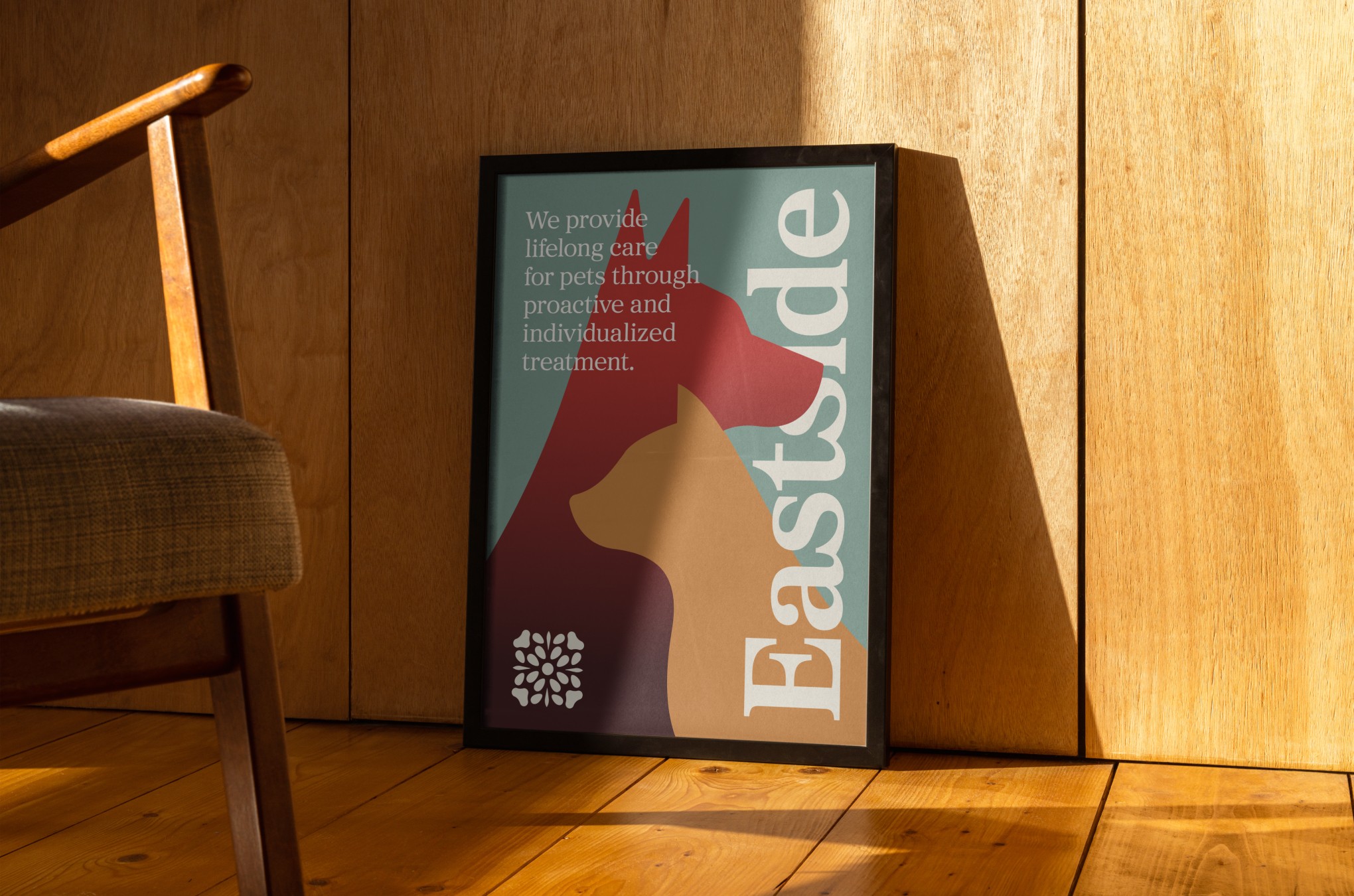 Eastside Veterinary Service poster with dog and cat