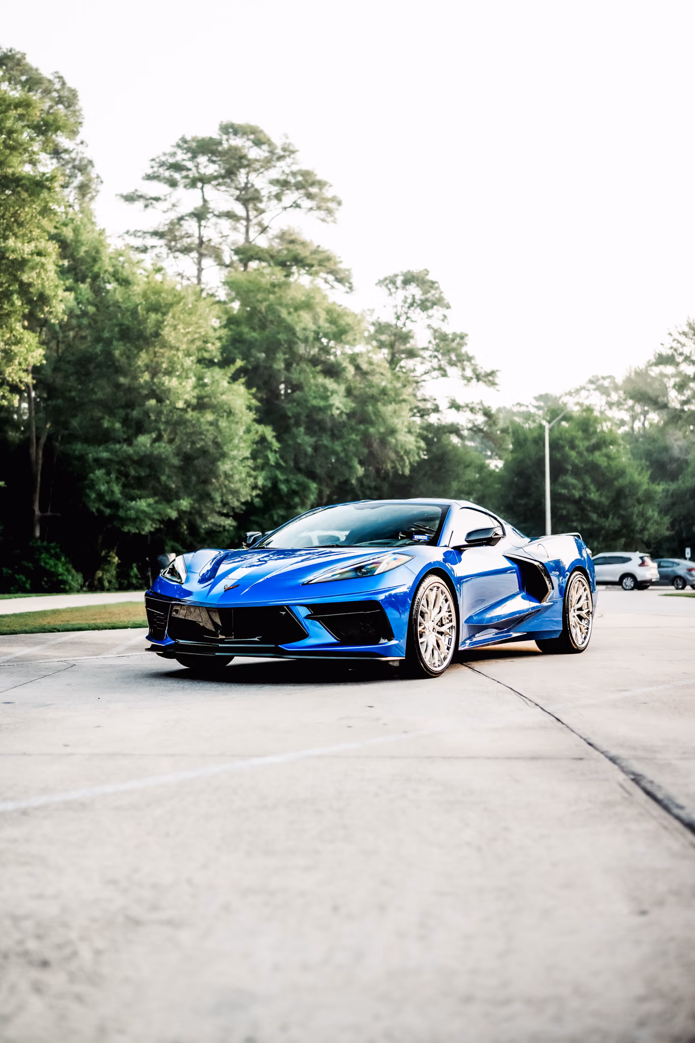 Blue C8 Corvette with Forgelite FL4-M aftermarket wheels parked on a concrete driveway with green trees in the background and other cars visible on the right side.