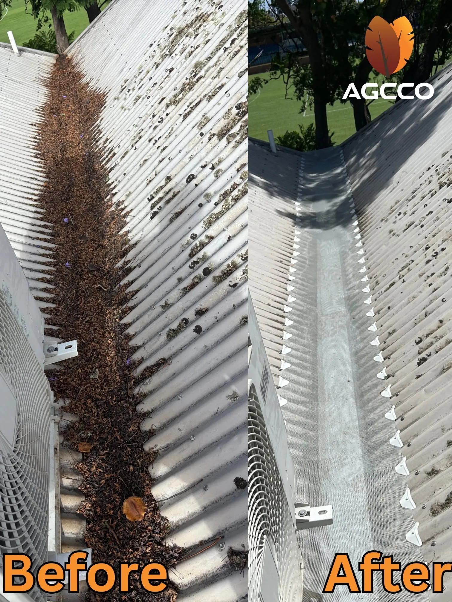 Before-and-after comparison of a roof valley obstructed by debris and the cleared valley.