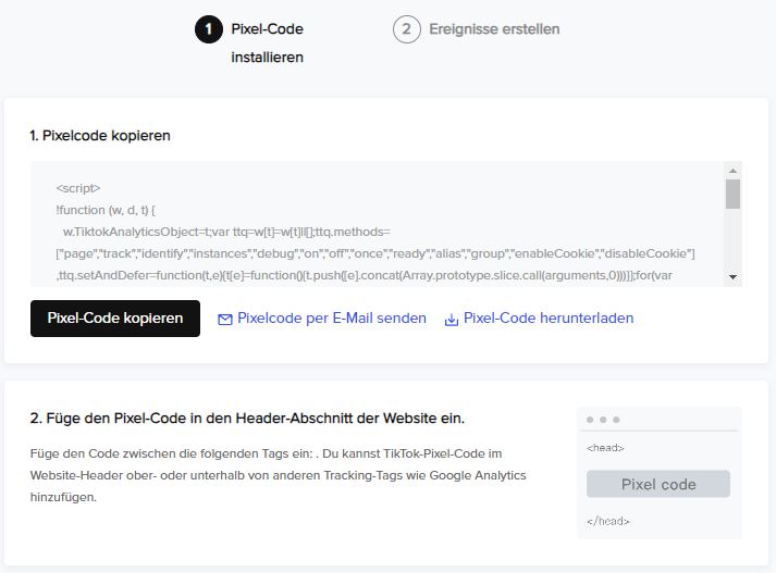 TikTok Pixel-Code kopieren und in Header Tag auf Webseite einfügen