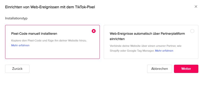 Manuelle Installation für TikTok Pixel auswählen