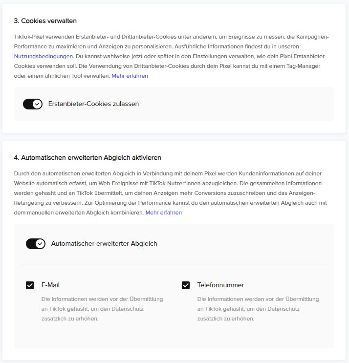 Drittanbieter Cookies & erweiterter Datenabgleich zulassen beim einstellen des TikTok Pixels
