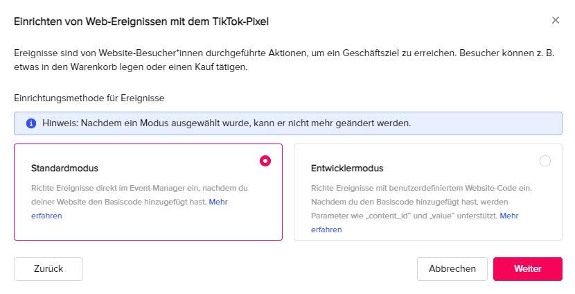 Standardmodus für TikTok Pixel wählen