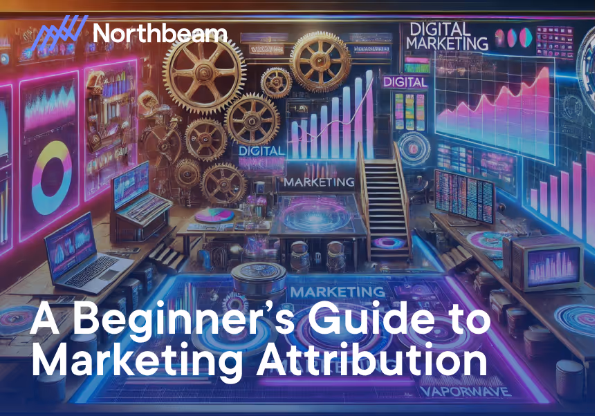 a vibrant digital marketing control room with gears, graphs, and data screens, illustrating insights from a beginner's guide to marketing attribution, with a Northbeam logo and overlay.