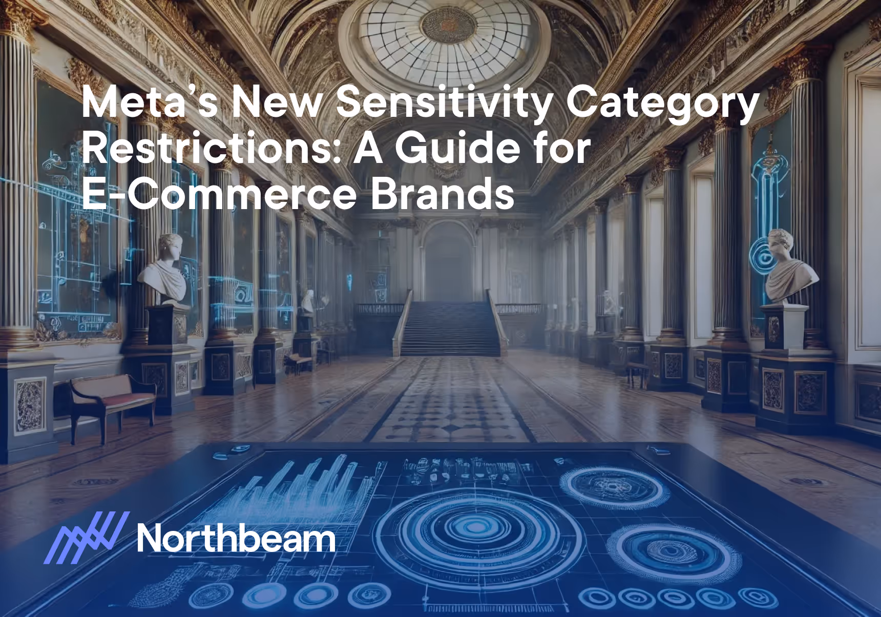 Northbeam showcases a futuristic city with holographic figures, drones, and digital interfaces, guiding e-commerce brands on Meta's new sensitivity category restrictions.