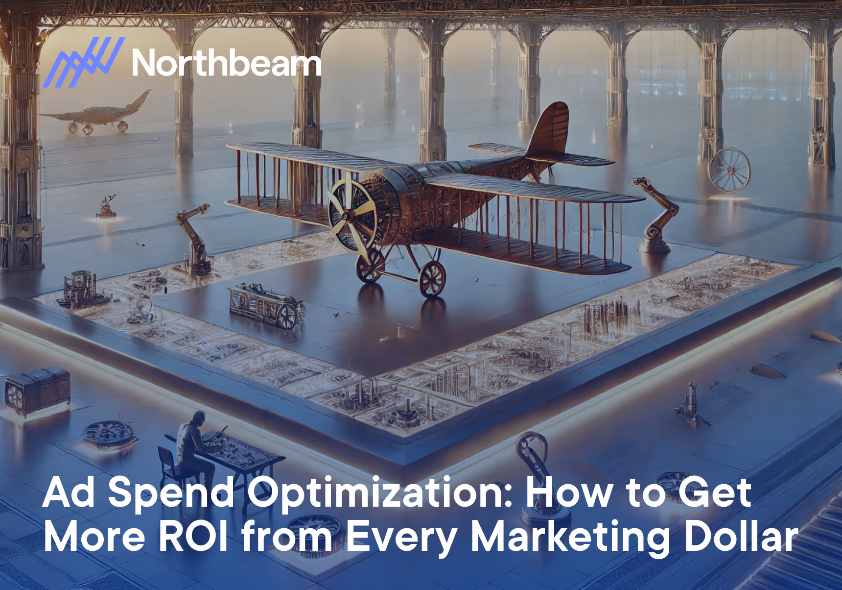 Company Northbeam creates an ad spend optimization with a vintage airplane in a high-tech workshop, symbolizing innovation and maximizing Return on Investment from every marketing dollar.