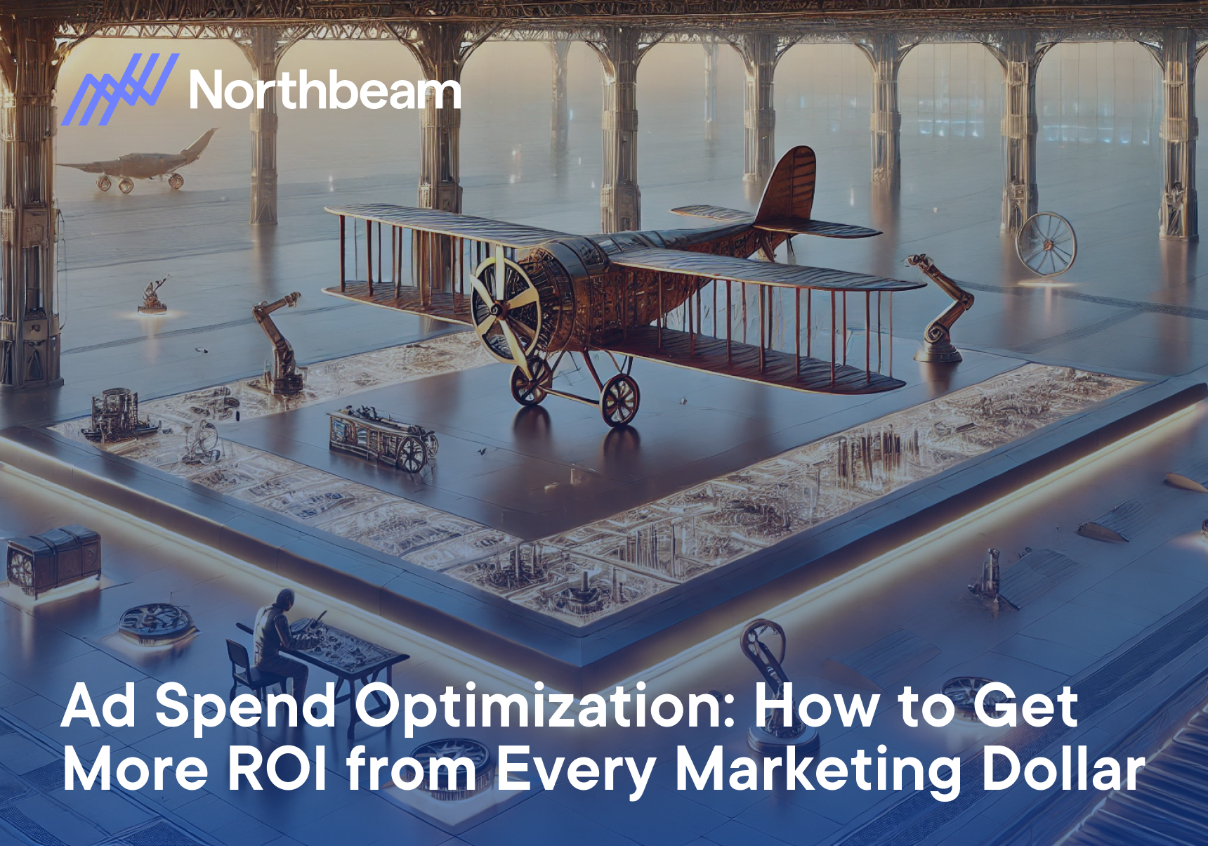 Company Northbeam creates an ad spend optimization with a vintage airplane in a high-tech workshop, symbolizing innovation and maximizing Return on Investment from every marketing dollar.