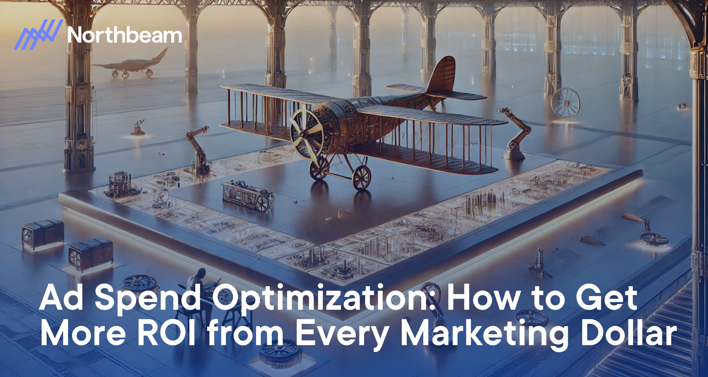 Company Northbeam creates an ad spend optimization with a vintage airplane in a high-tech workshop, symbolizing innovation and maximizing Return on Investment from every marketing dollar.