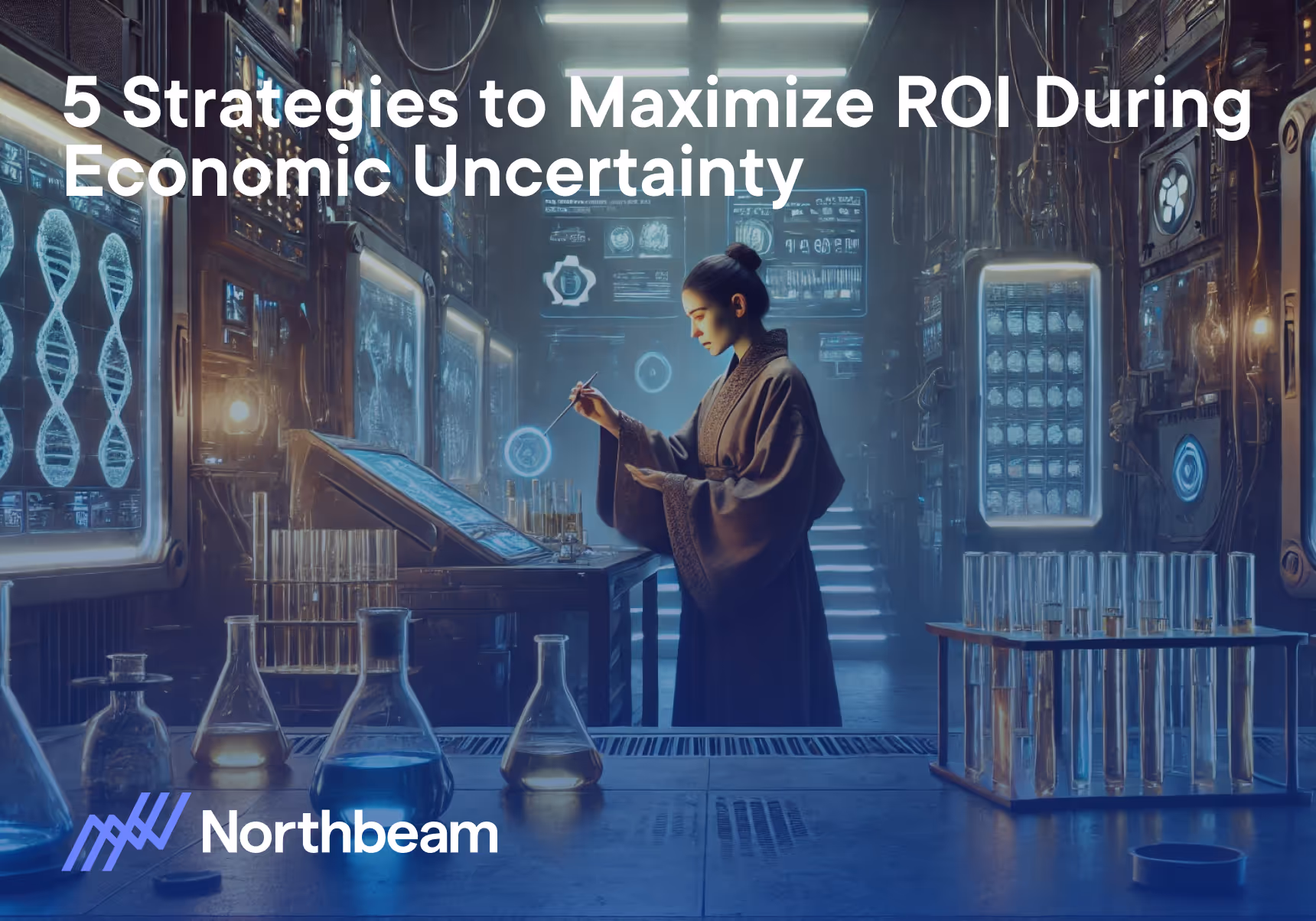 Futuristic laboratory scene with advanced technology screens, DNA graphics, and a scientist analyzing data, representing innovation strategies for return on investment with Northbeam during economic uncertainty, with the Northbeam logo and text overlay.