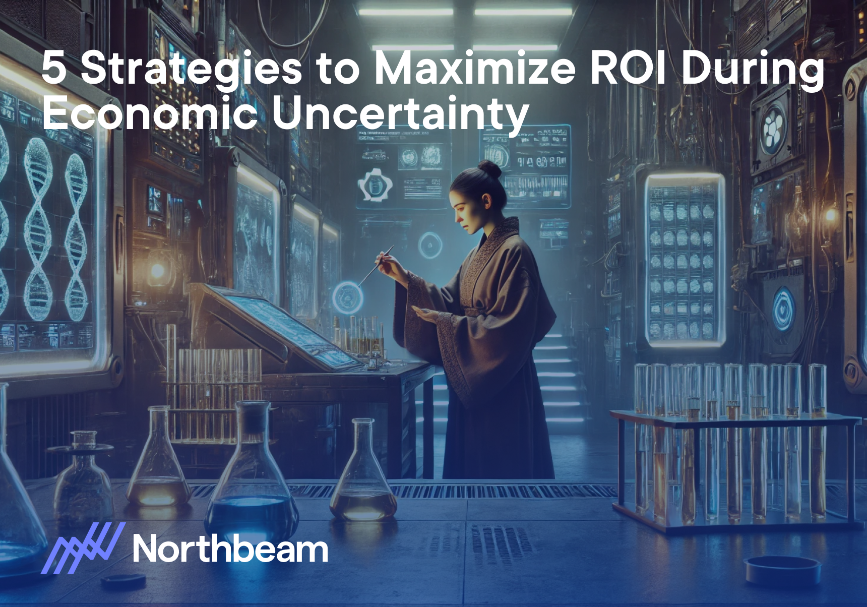 Futuristic laboratory scene with advanced technology screens, DNA graphics, and a scientist analyzing data, representing innovation strategies for return on investment with Northbeam during economic uncertainty, with the Northbeam logo and text overlay.