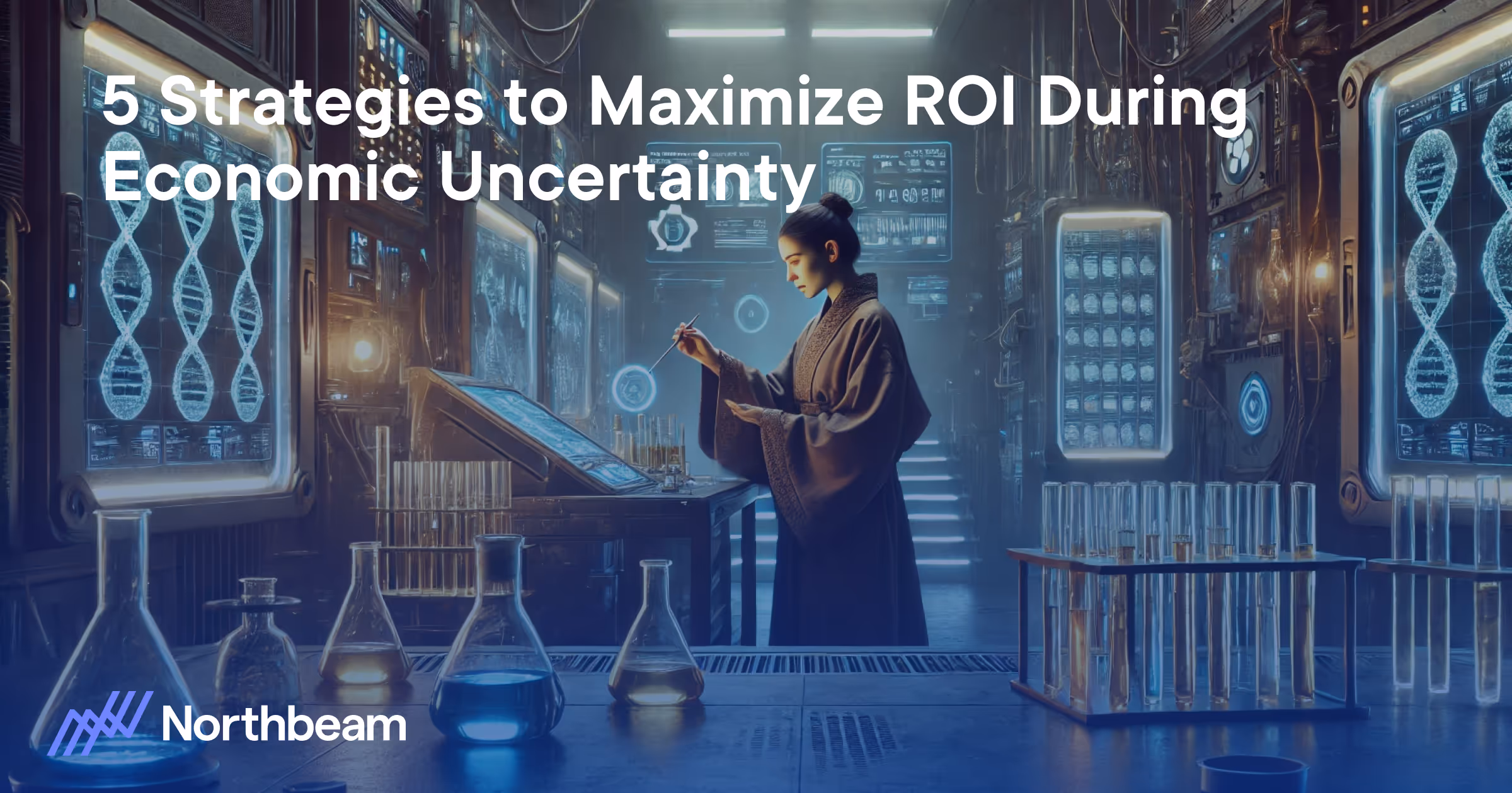 Futuristic laboratory scene with advanced technology screens, DNA graphics, and a scientist analyzing data, representing innovation strategies for return on investment with Northbeam during economic uncertainty, with the Northbeam logo and text overlay.