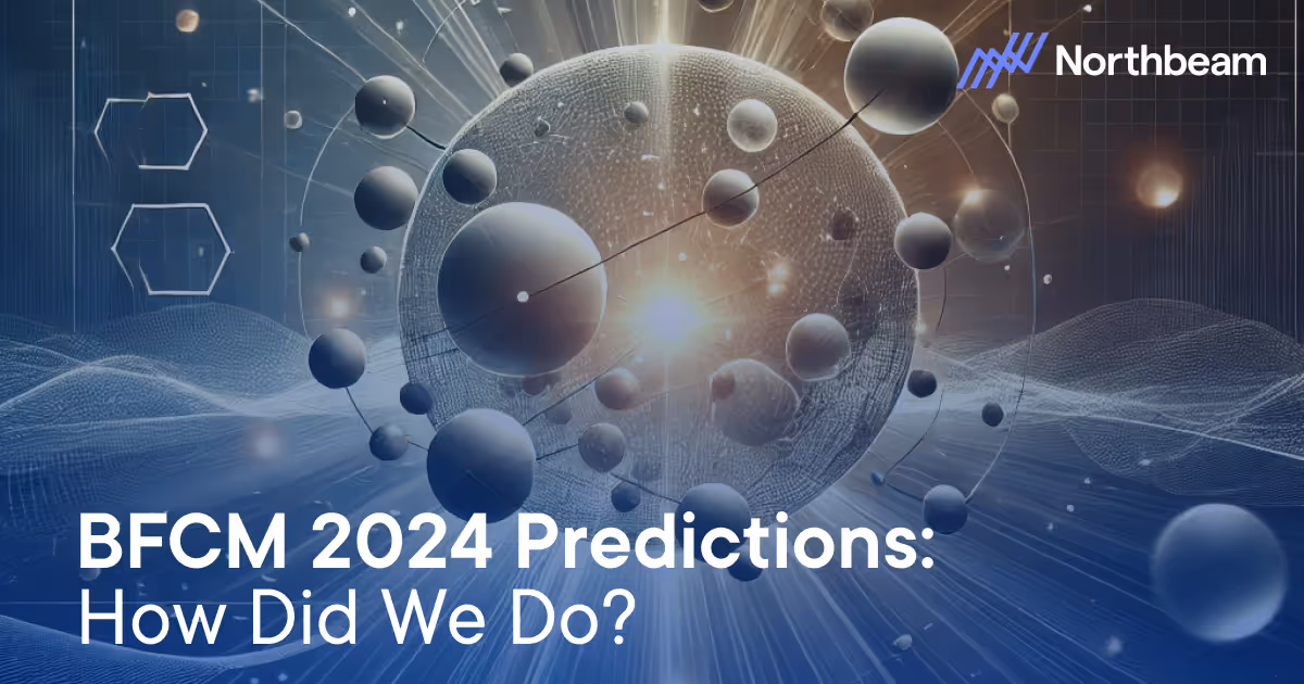 Northbeam presents Black Friday and Cyber Monday 2024 predictions and performance with a futuristic digital sphere, symbolizing data-driven insights and analysis.