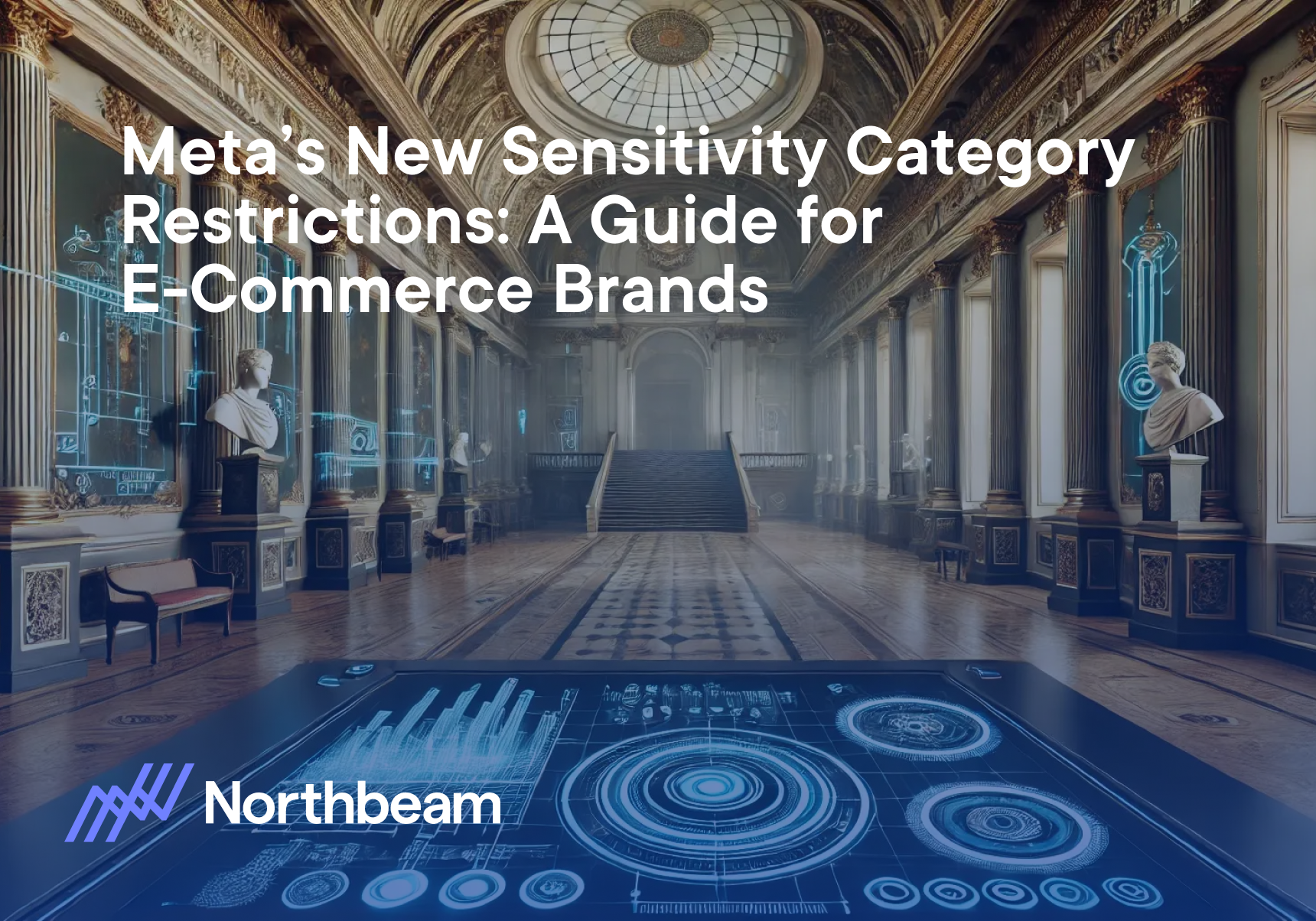 Northbeam showcases a futuristic city with holographic figures, drones, and digital interfaces, guiding e-commerce brands on Meta's new sensitivity category restrictions.