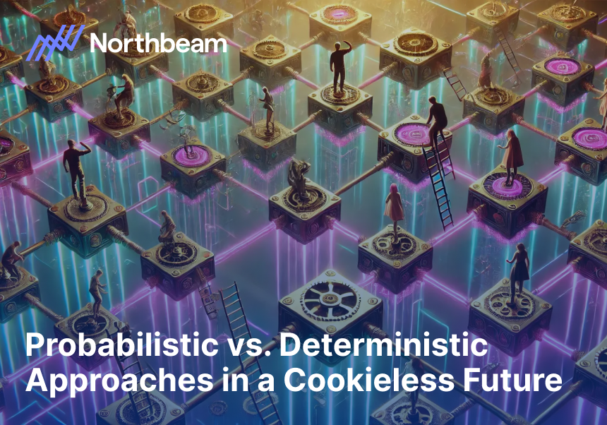 Abstract illustration showcasing individuals standing on interconnected platforms with glowing gears, representing probabilistic and deterministic approaches in a cookieless future, with the Northbeam logo and text overlay.