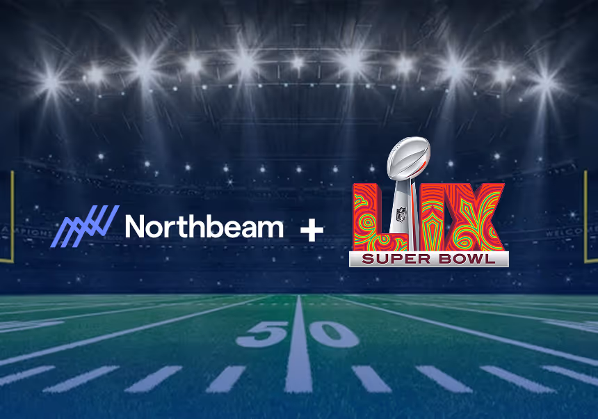 Super Bowl Football Field with the Super Bowl logo and Northbeam logo sitting on the 50 yard line