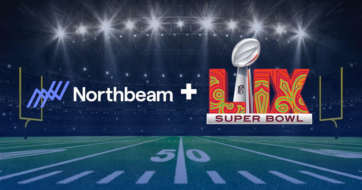 Super Bowl Football Field with the Super Bowl logo and Northbeam logo sitting on the 50 yard line