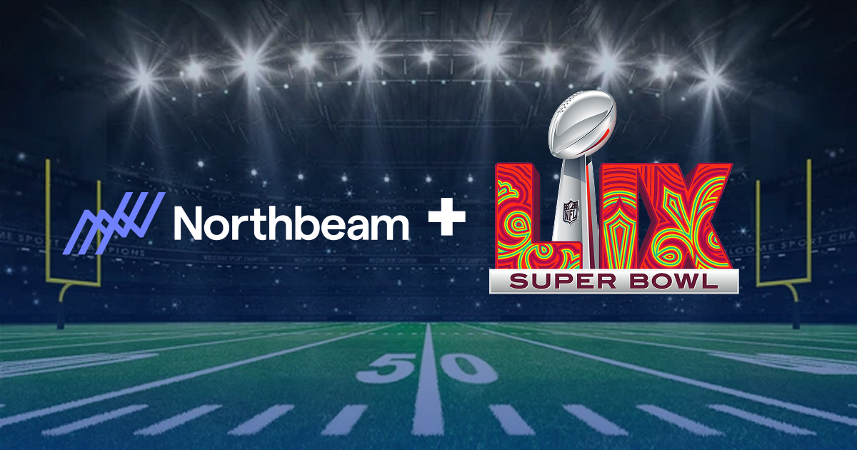 Super Bowl Football Field with the Super Bowl logo and Northbeam logo sitting on the 50 yard line