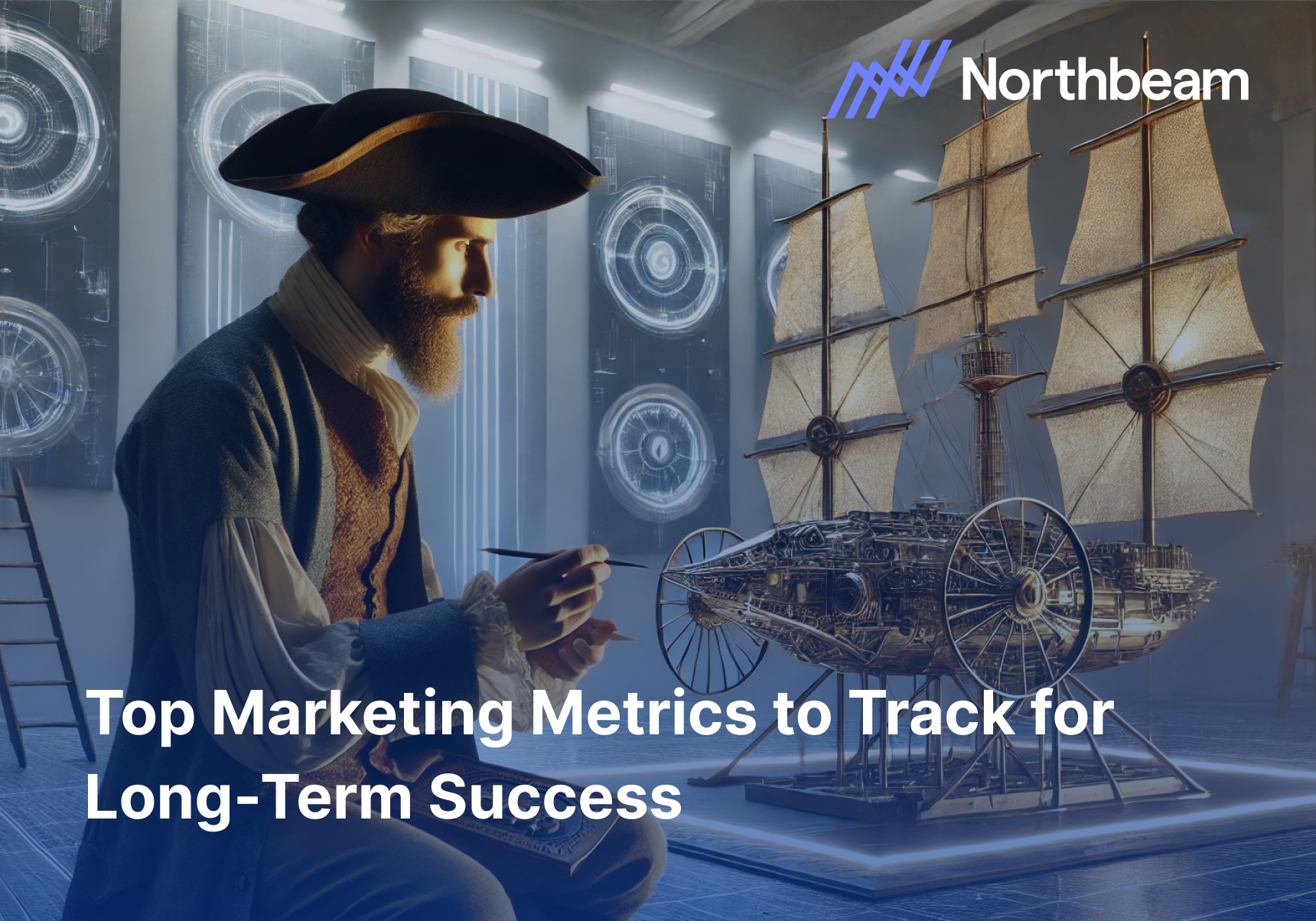 This highlights key marketing metrics with a creative scene of a strategist building a futuristic ship, symbolizing innovation and long-term success strategies, with the Northbeam logo and text overlay.