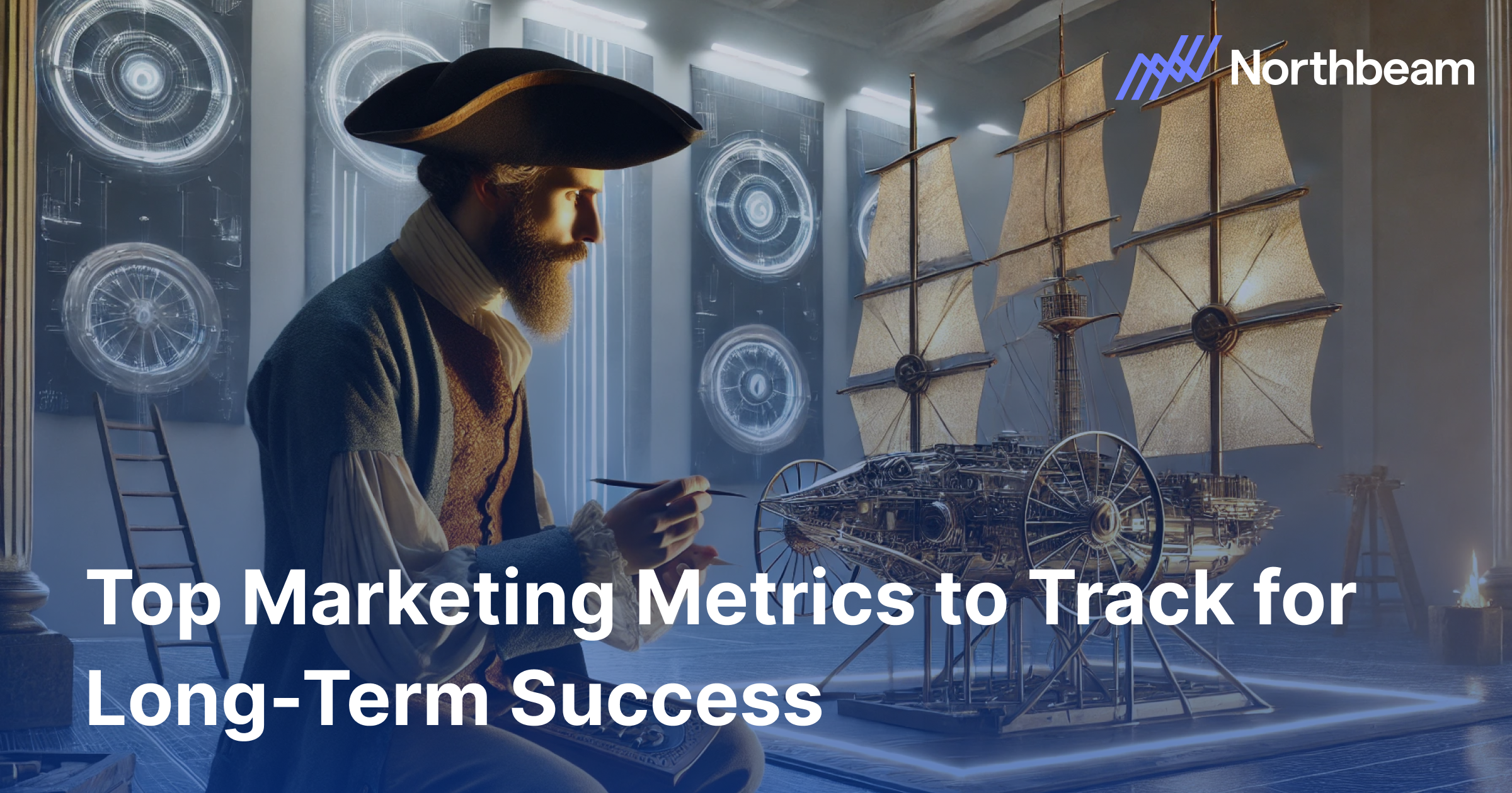 This highlights key marketing metrics with a creative scene of a strategist building a futuristic ship, symbolizing innovation and long-term success strategies, with the Northbeam logo and text overlay.