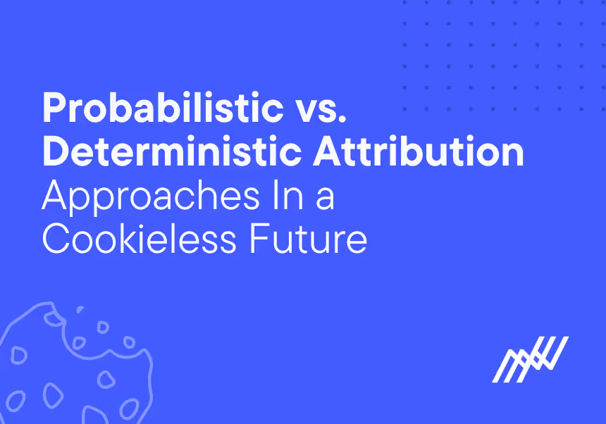 Abstract illustration showcasing individuals standing on interconnected platforms with glowing gears, representing probabilistic and deterministic approaches in a cookieless future, with the Northbeam logo and text overlay.